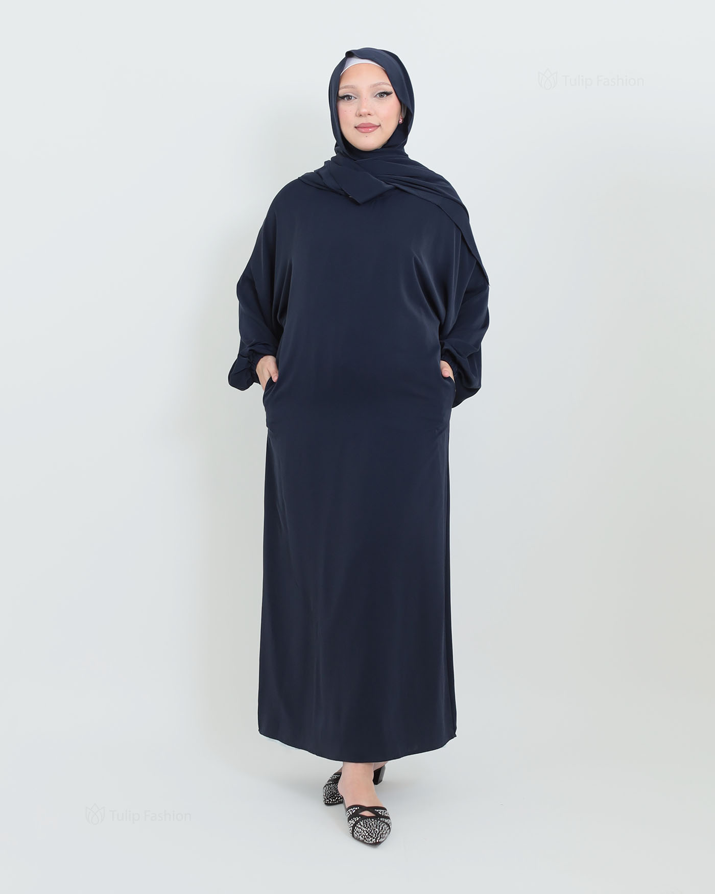 Abaya with Sewn-in Hijab - Navy Blue - 6