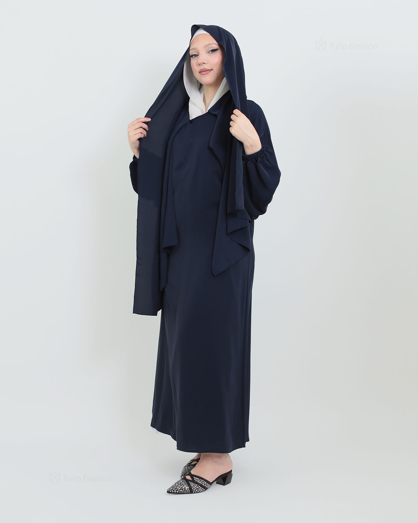 Abaya with Sewn-in Hijab - Navy Blue - 5