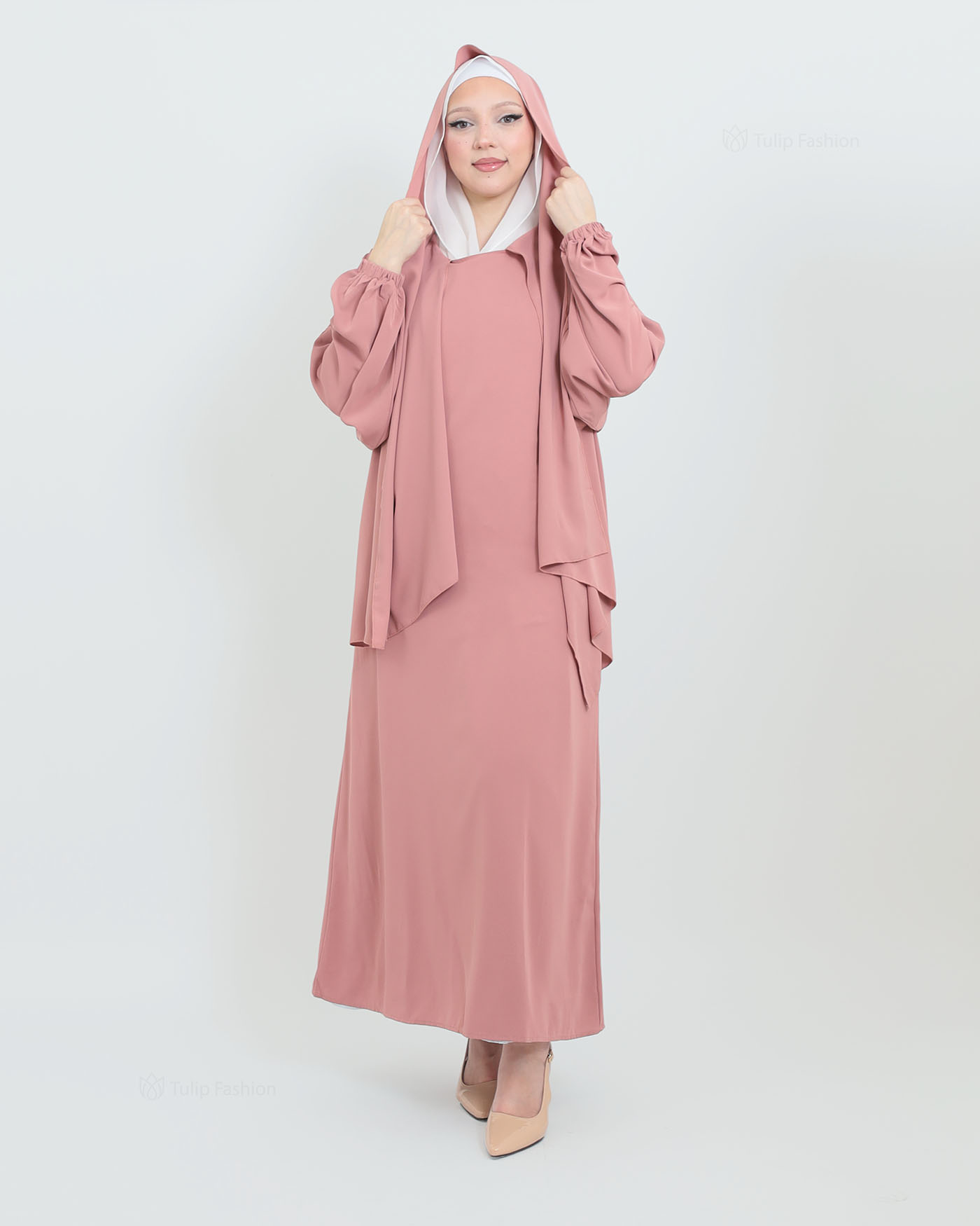 Abaya with Sewn-in Hijab - Pink - 3