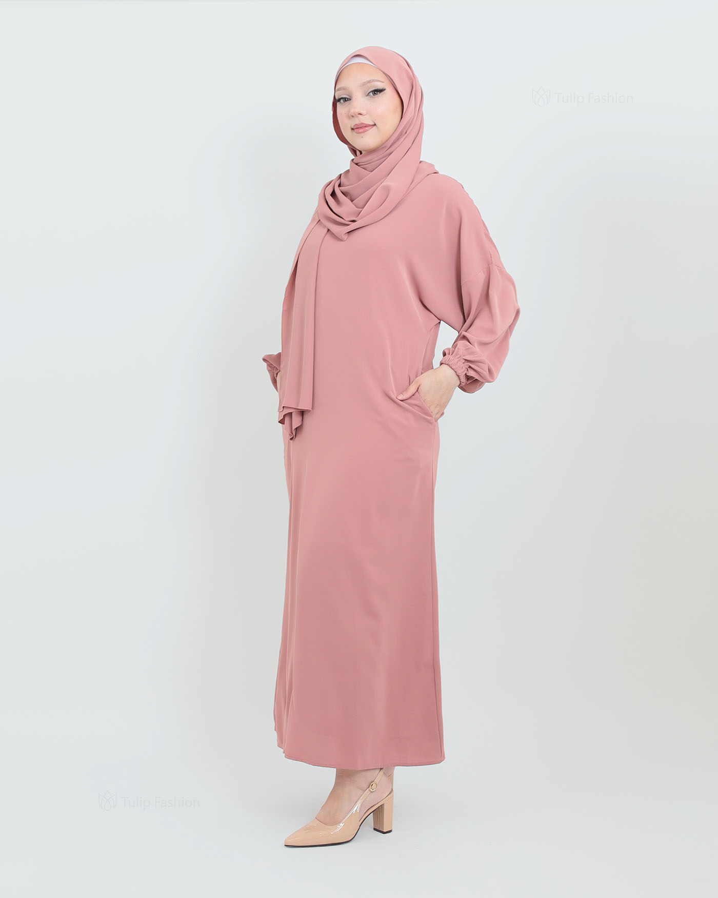 Abaya with Sewn-in Hijab - Pink - 2