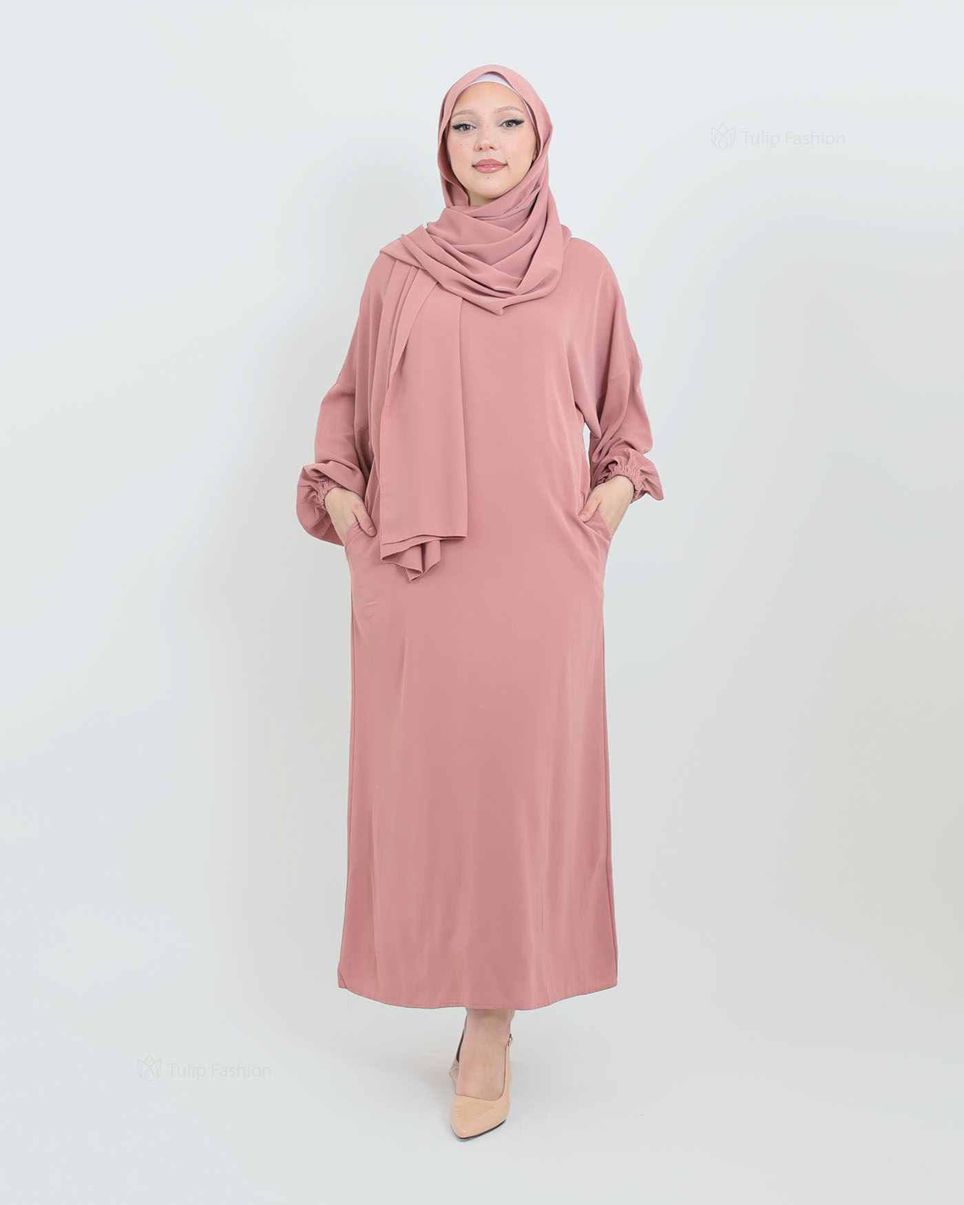 Abaya with Sewn-in Hijab - Pink