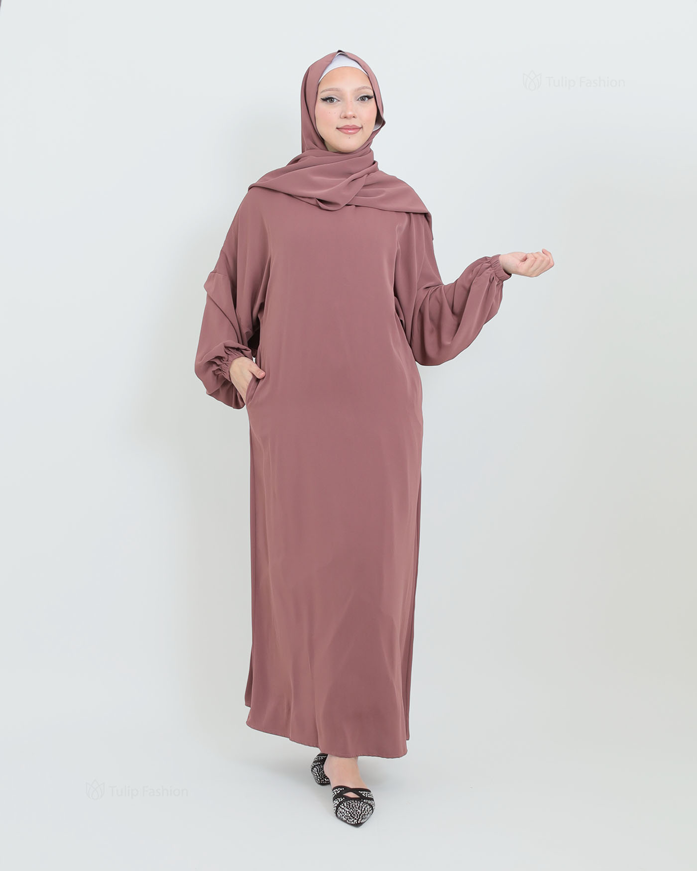 Abaya with Sewn-in Hijab - Purple - 4