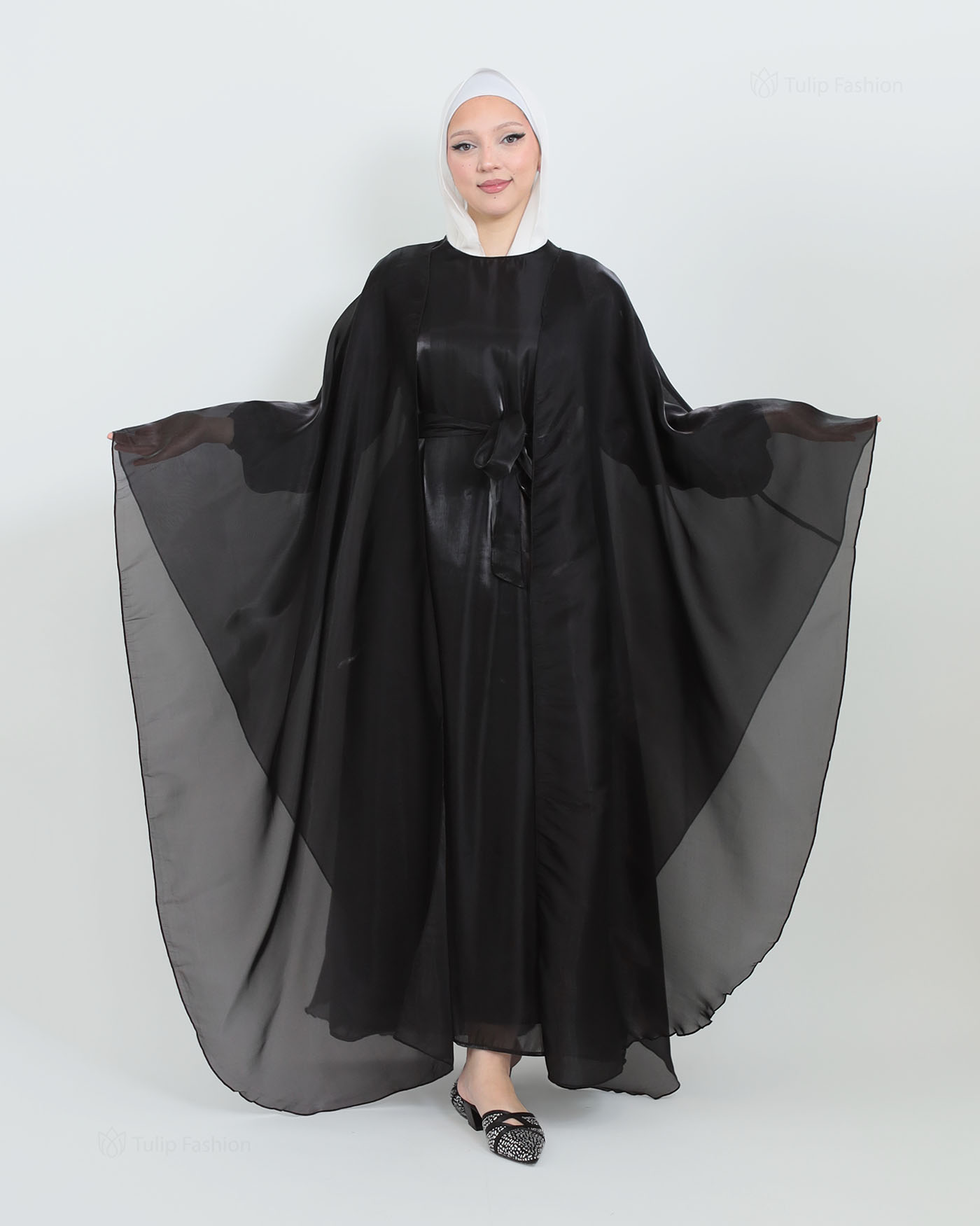 Abaya with Cape in Satin - Black - 6