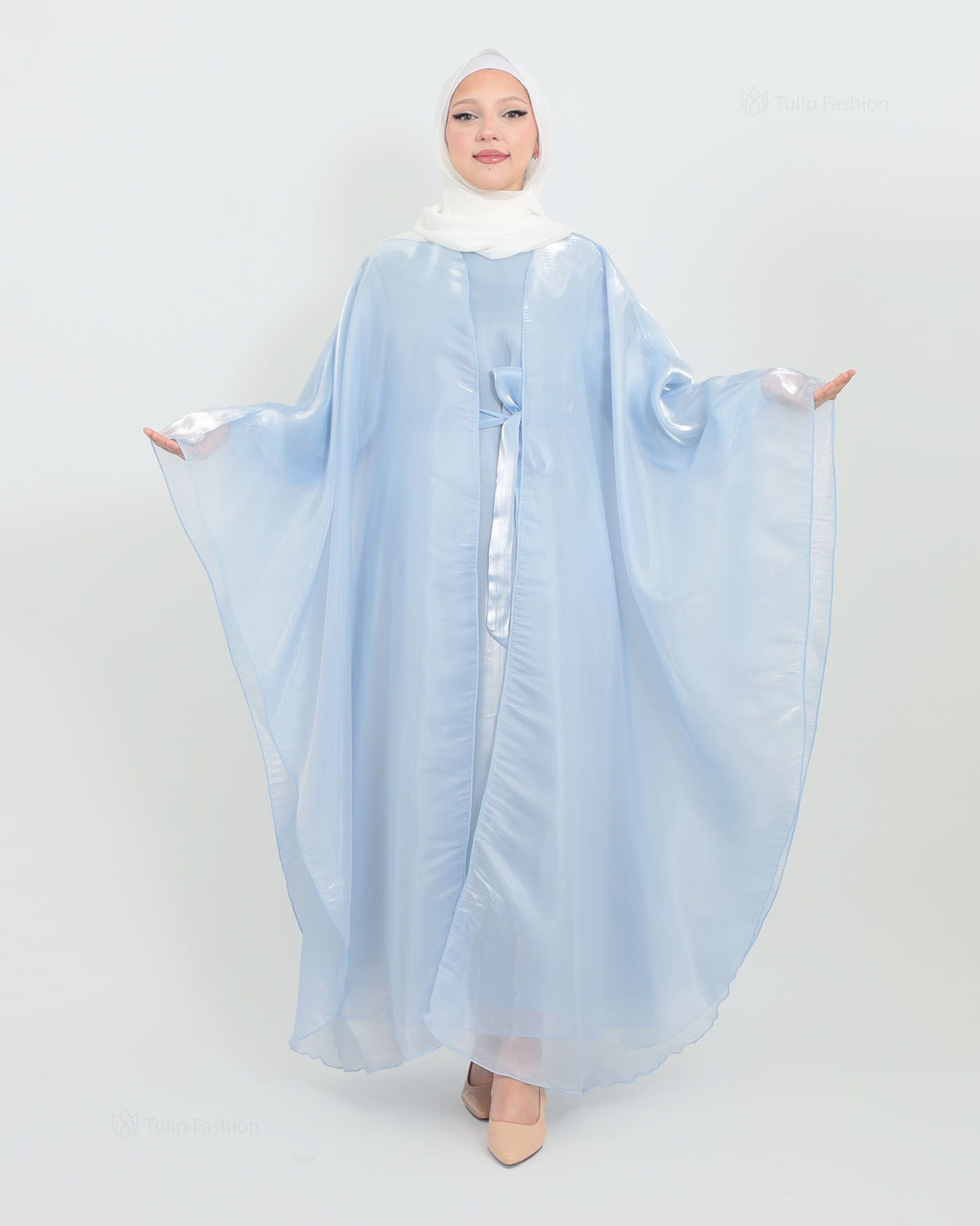 Abaya with Cape in Satin - Blue