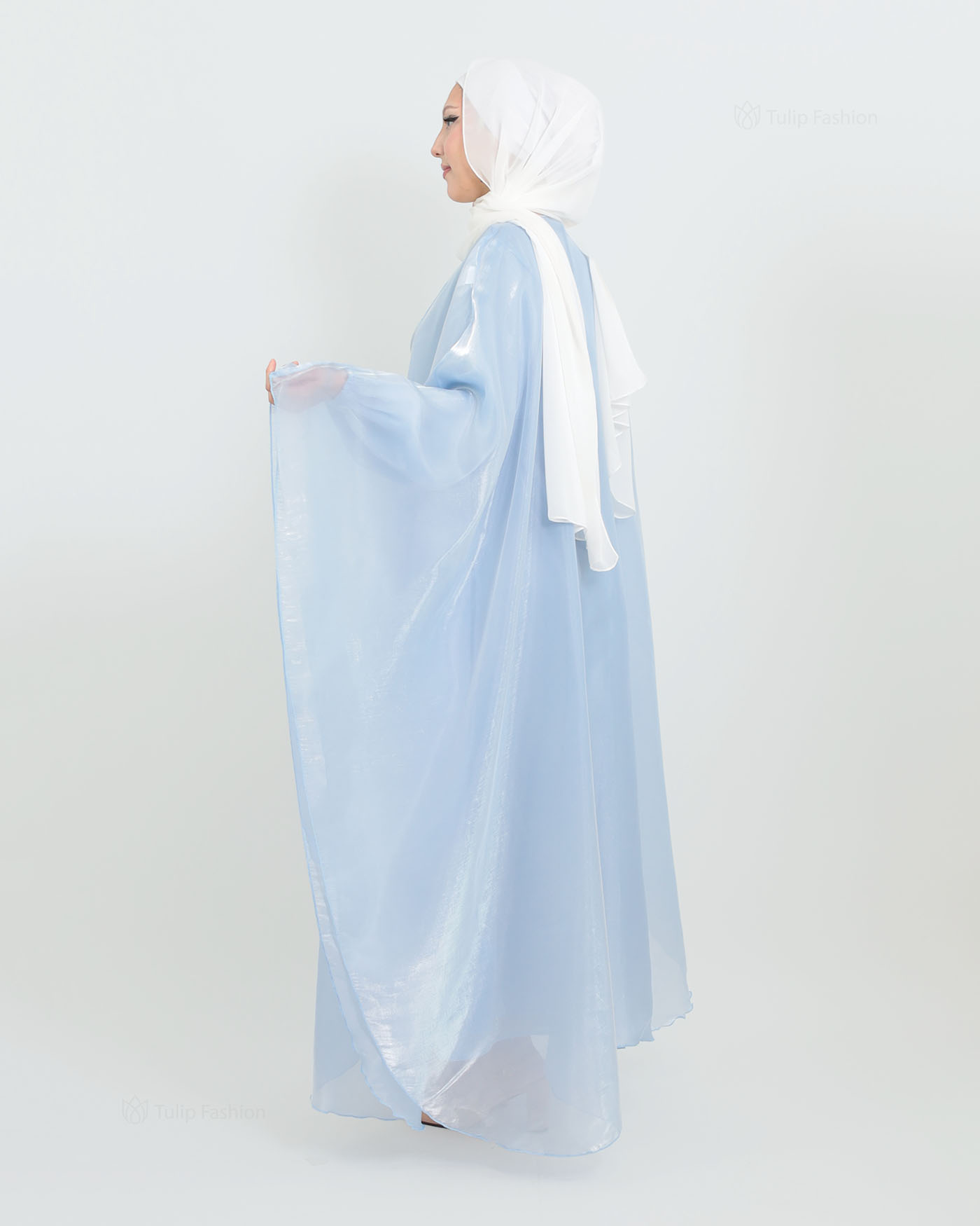 Abaya with Cape in Satin - Blue - 4