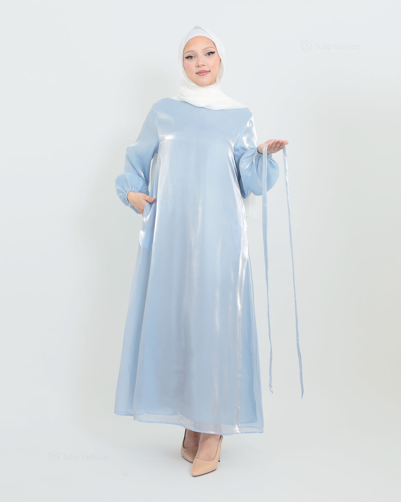 Abaya with Cape in Satin - Blue - 9