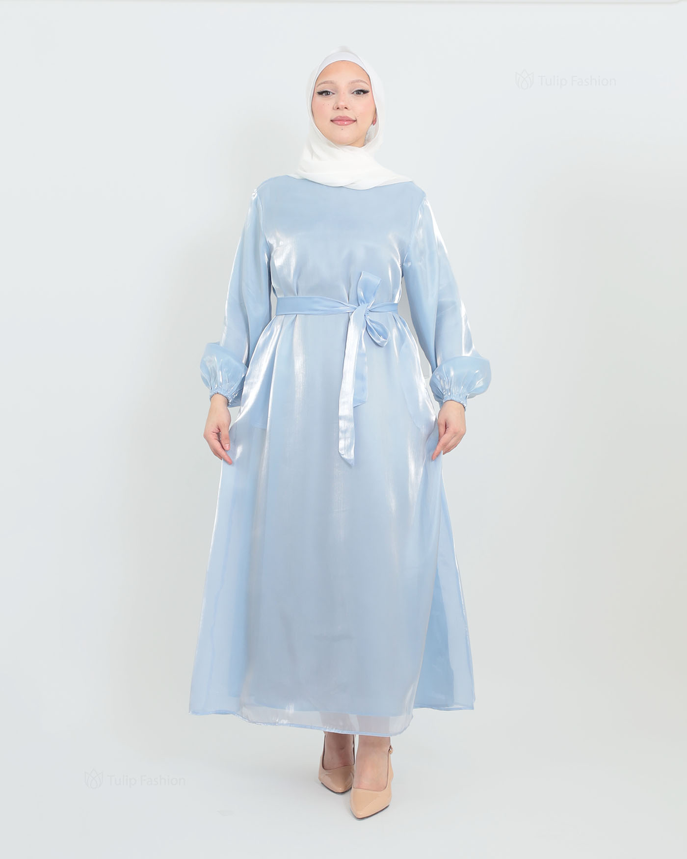 Abaya with Cape in Satin - Blue - 8