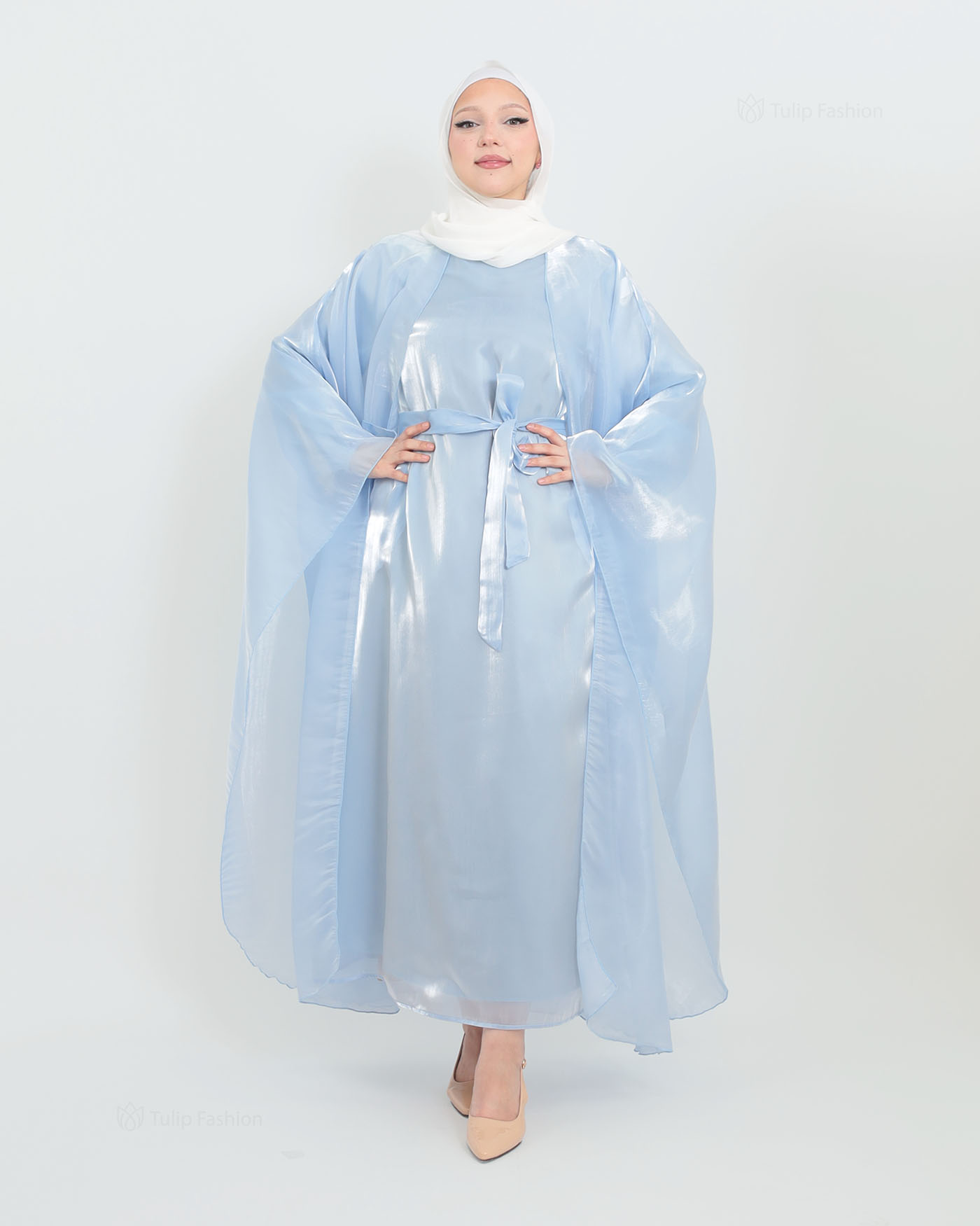 Abaya with Cape in Satin - Blue - 2