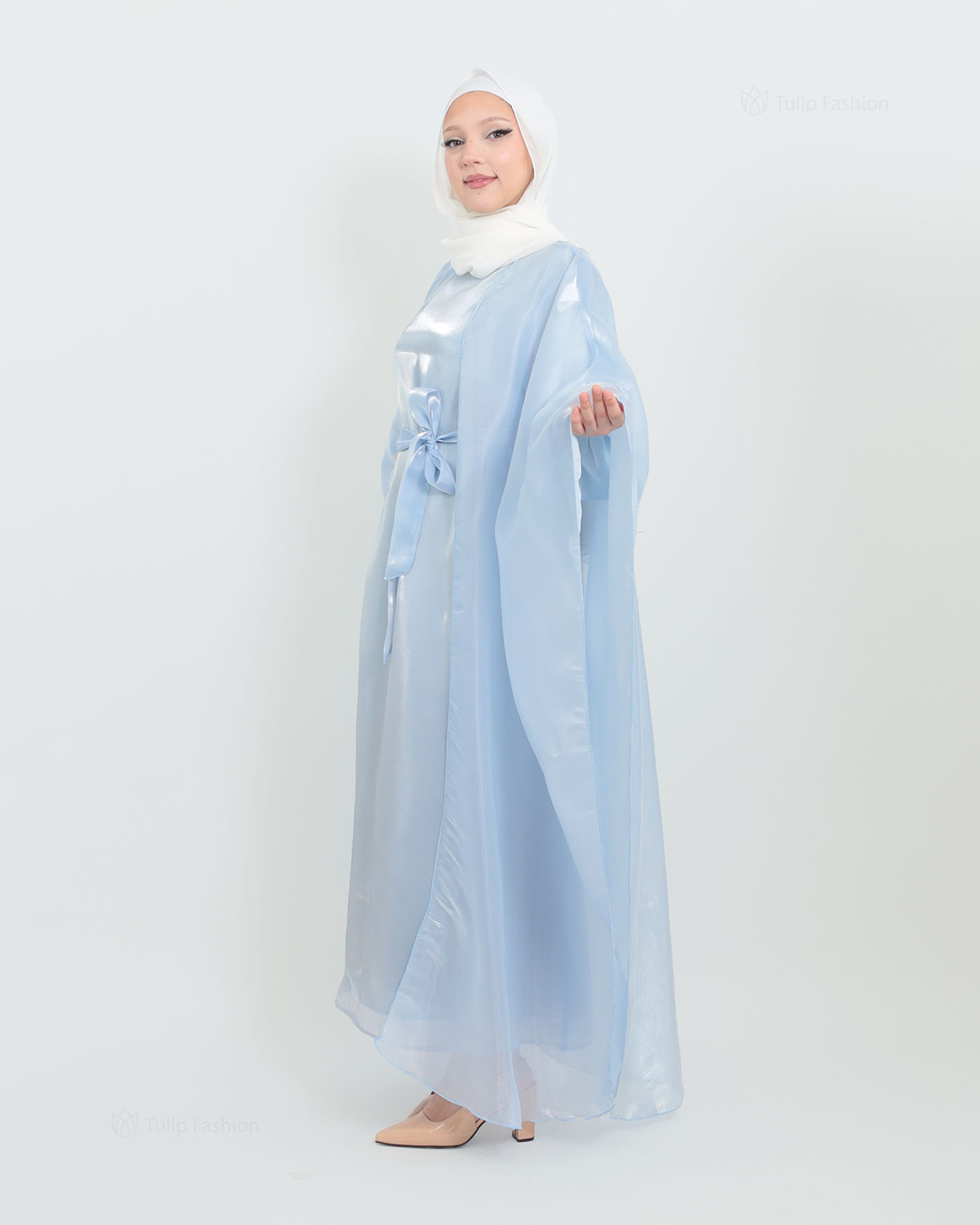 Abaya with Cape in Satin - Blue - 3