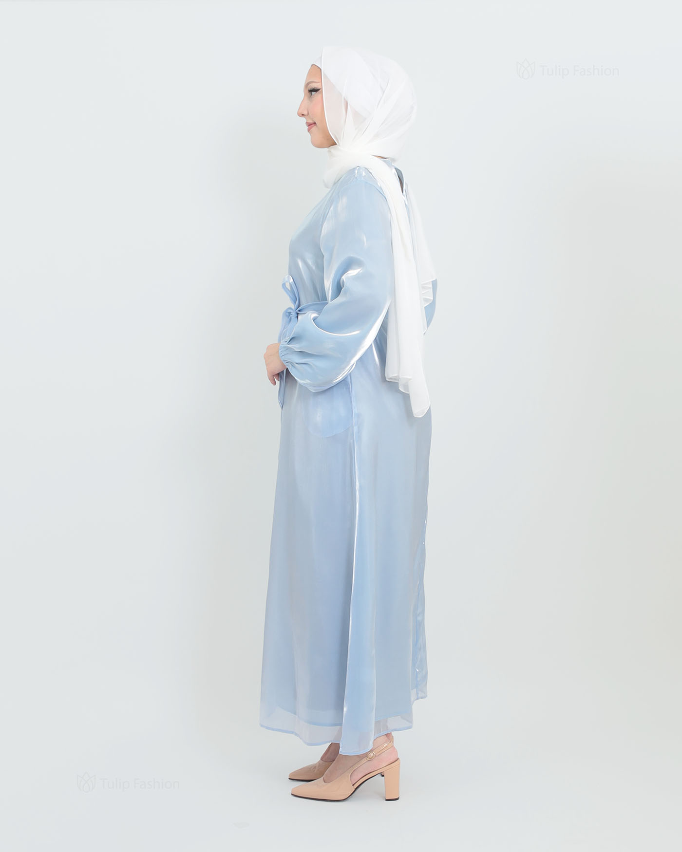 Abaya with Cape in Satin - Blue - 7