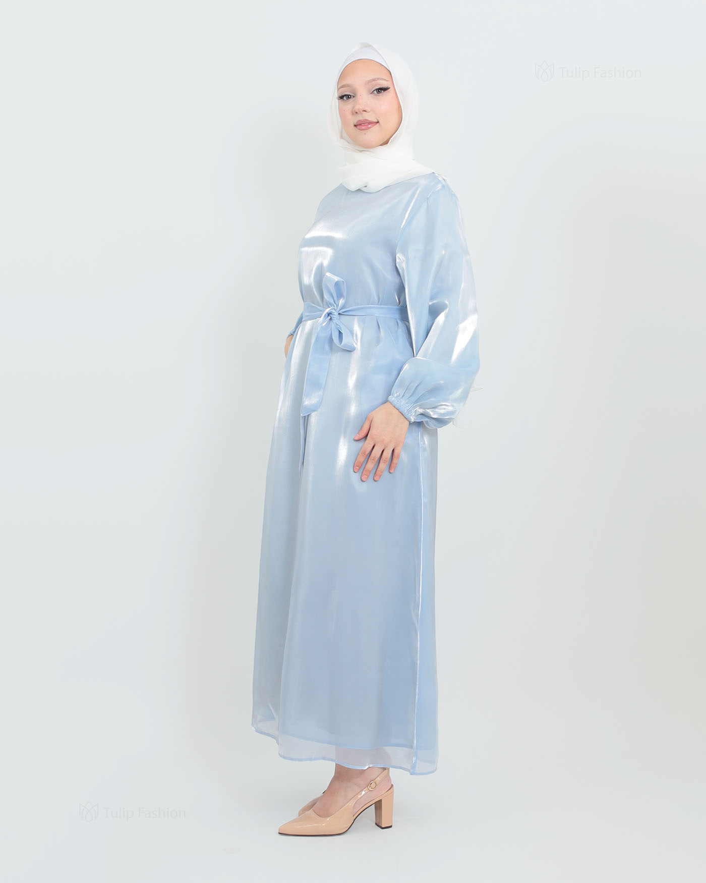 Abaya with Cape in Satin - Blue - 6