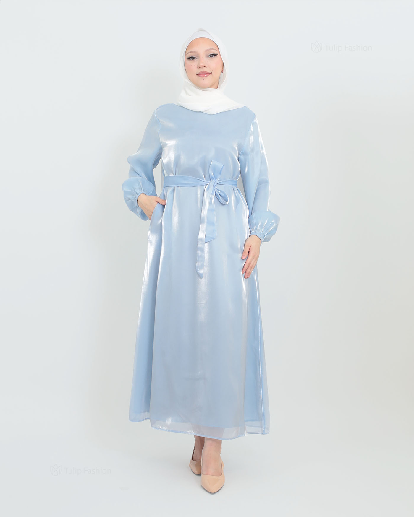 Abaya with Cape in Satin - Blue - 5