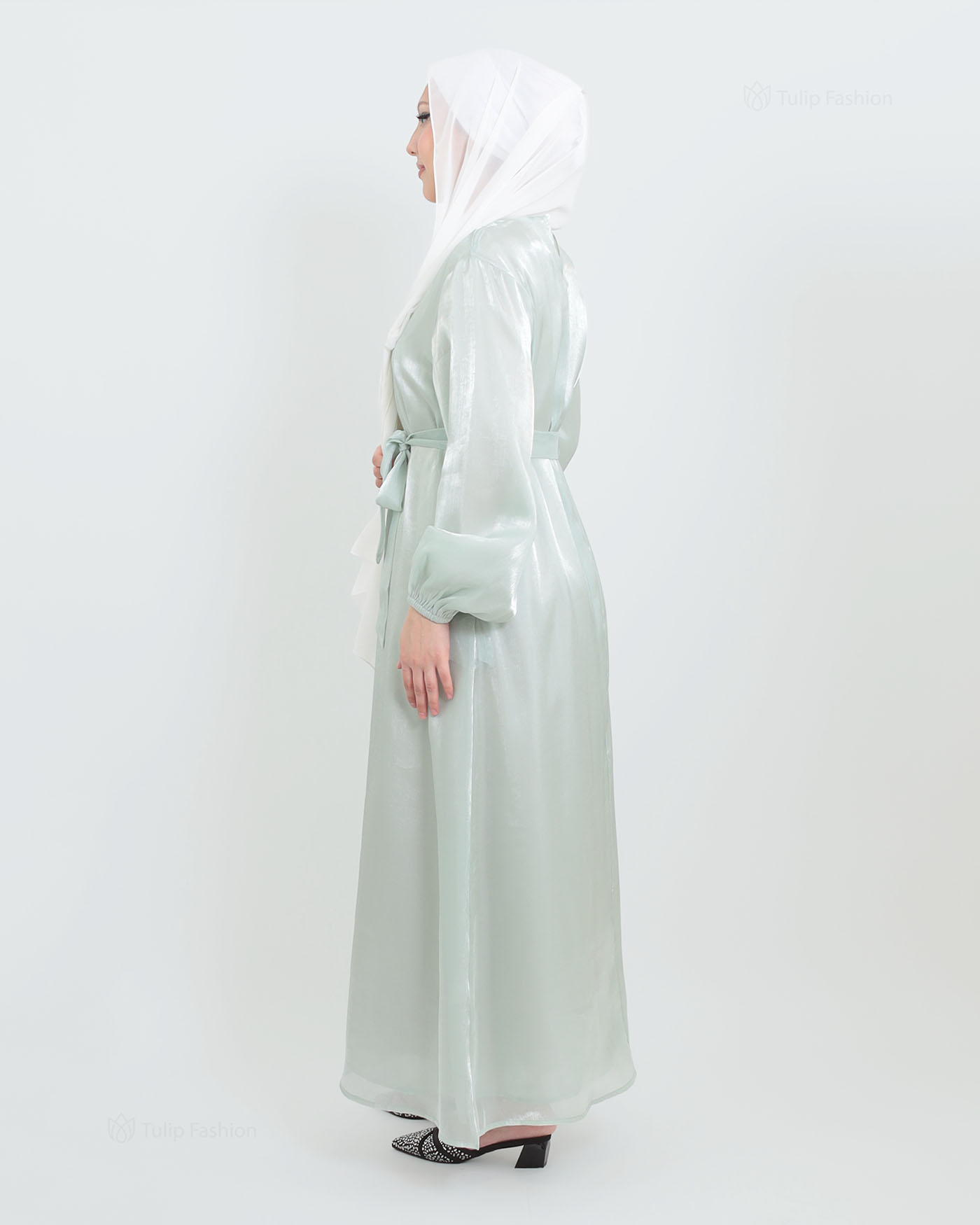 Abaya with Cape in Satin - Green - 9