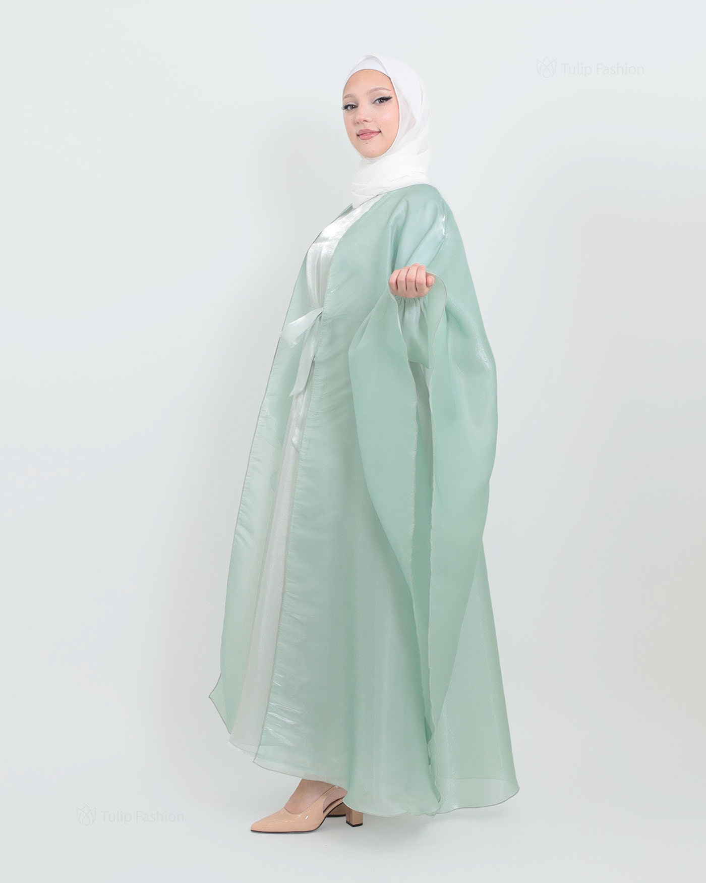 Abaya with Cape in Satin - Green - 3