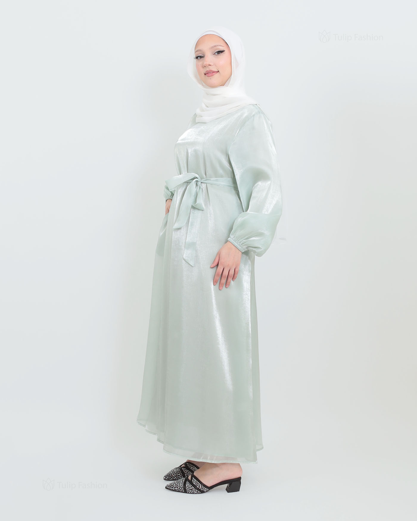 Abaya with Cape in Satin - Green - 8