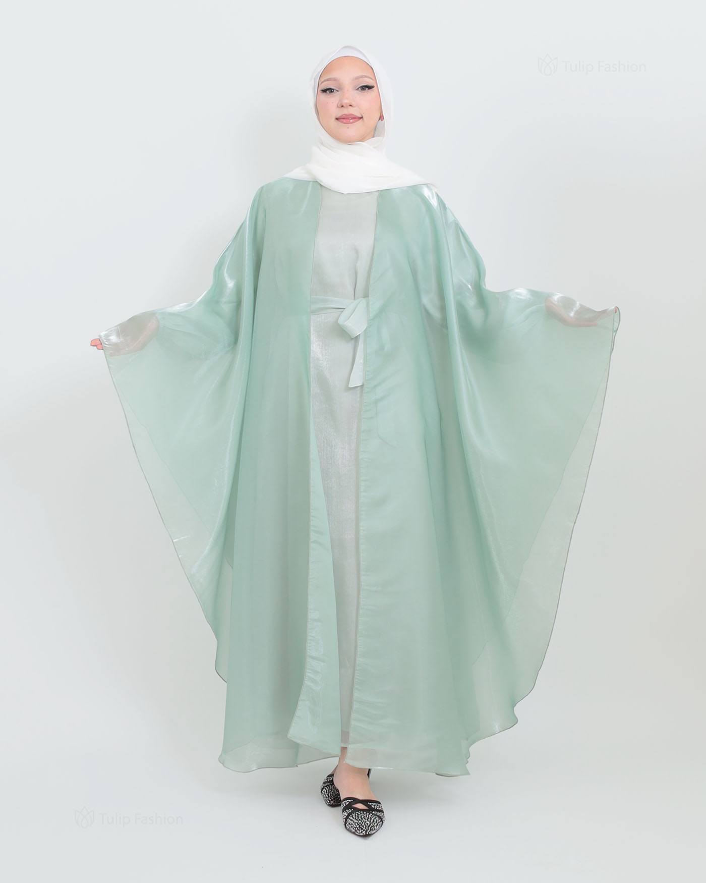 Abaya with Cape in Satin - Green - 10