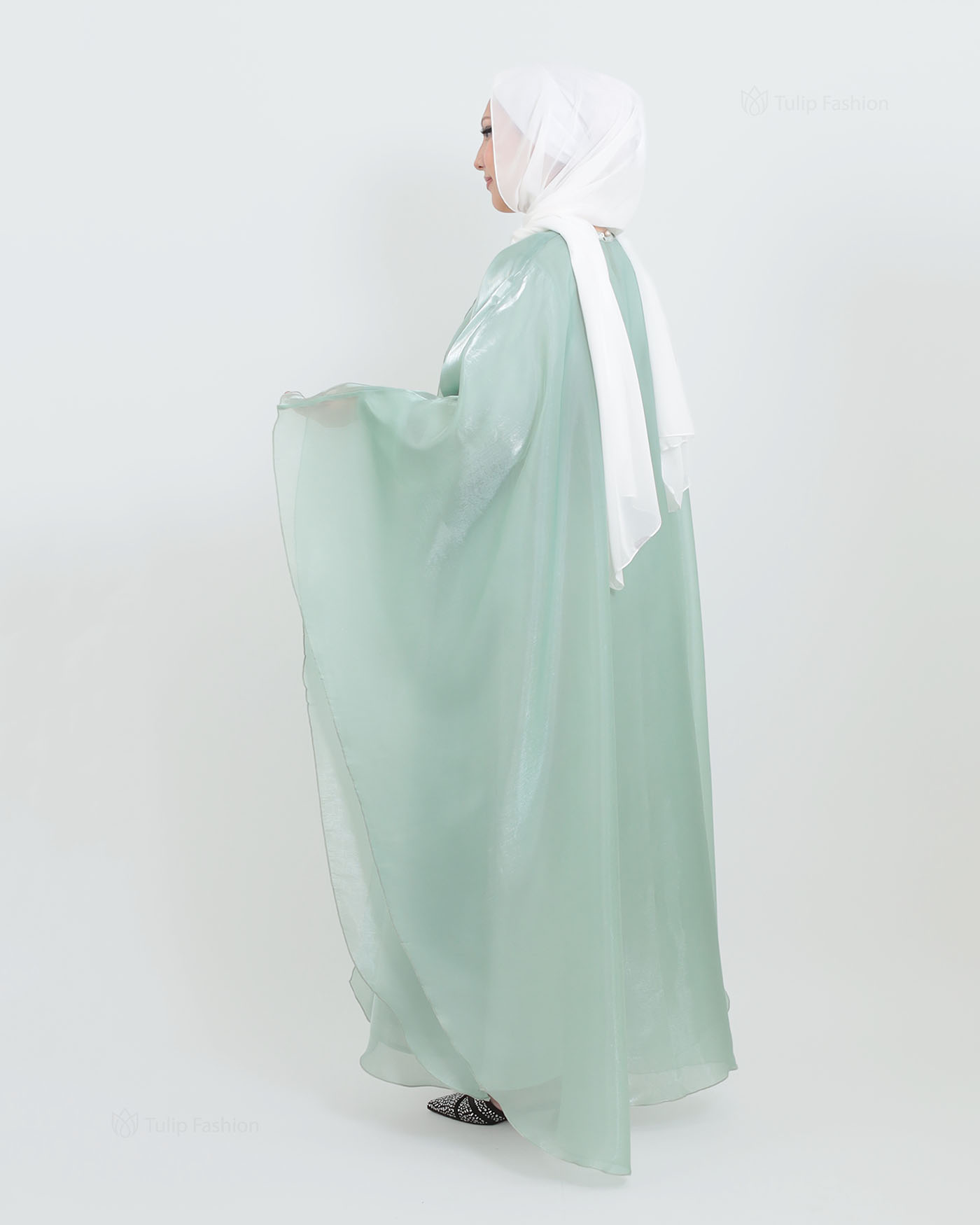 Abaya with Cape in Satin - Green - 12