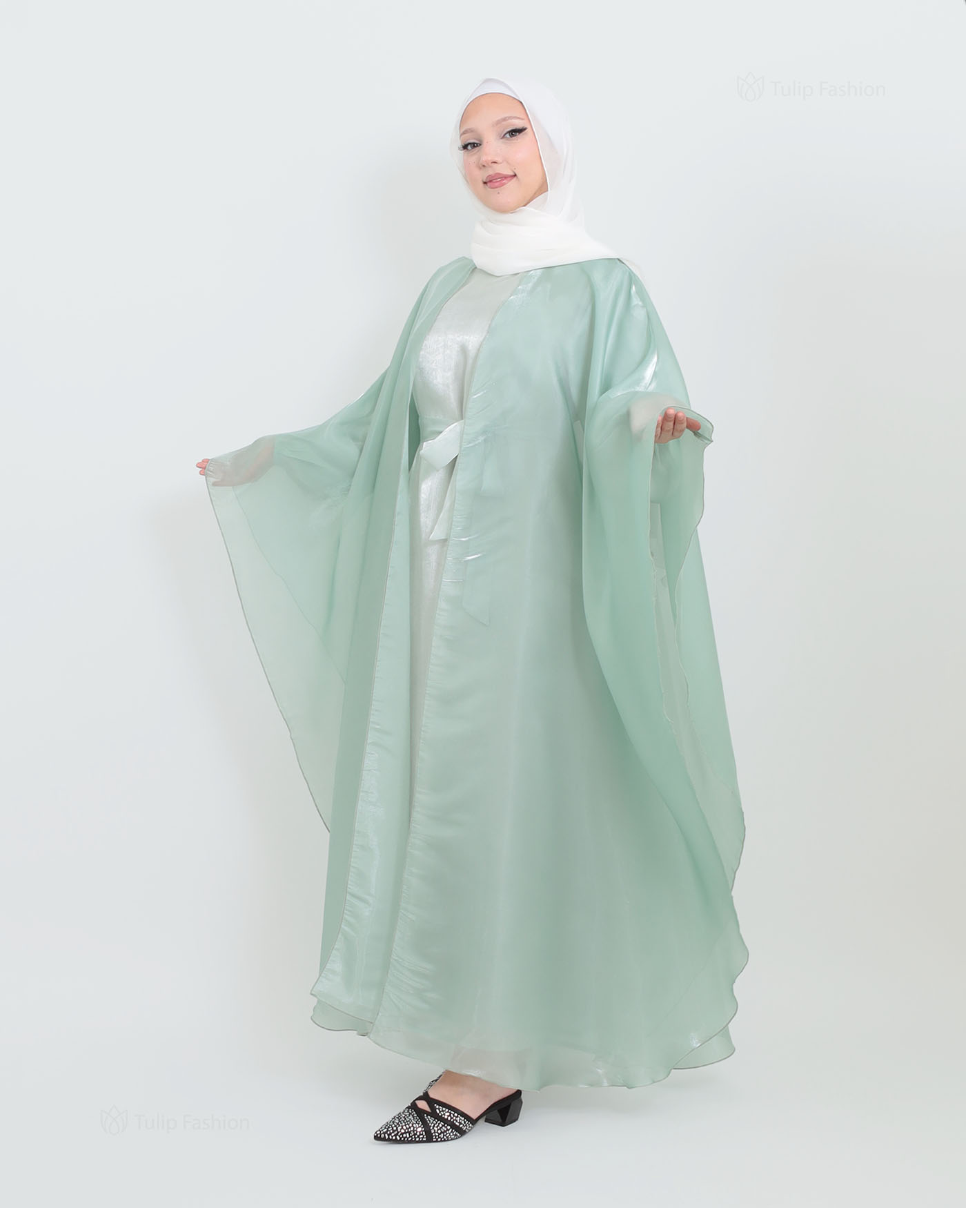 Abaya with Cape in Satin - Green - 11