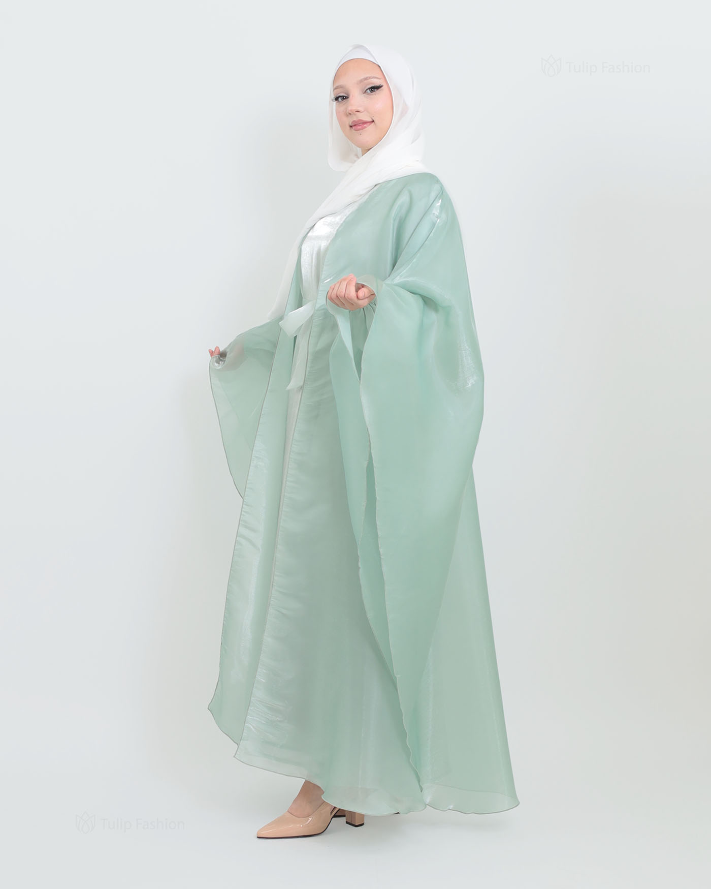 Abaya with Cape in Satin - Green - 2