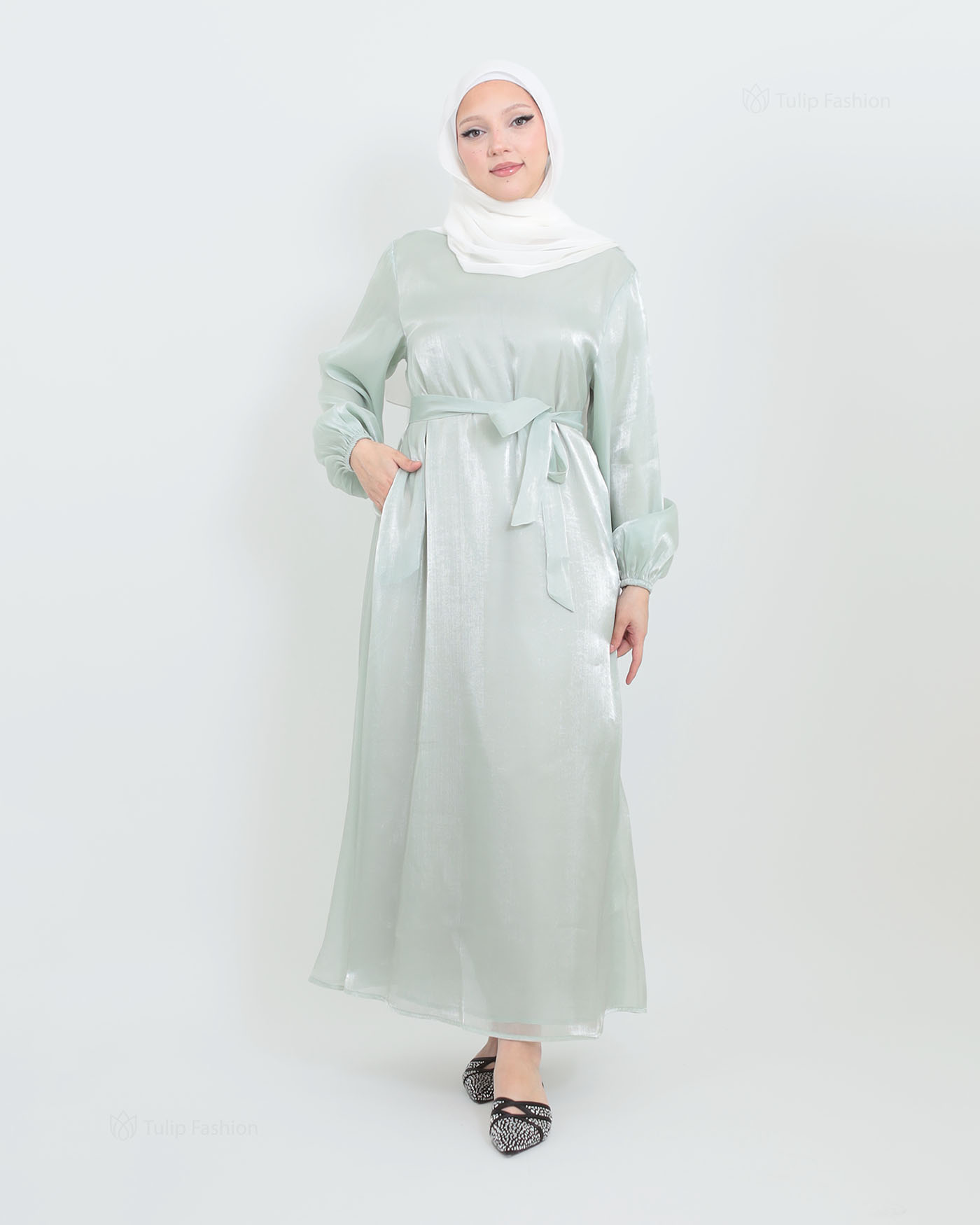 Abaya with Cape in Satin - Green - 7