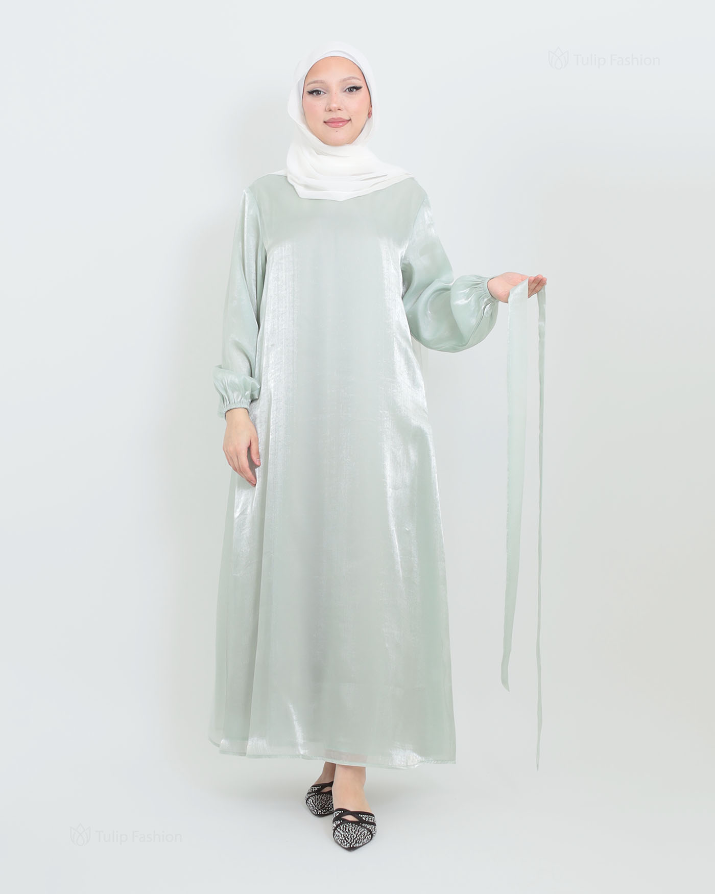 Abaya with Cape in Satin - Green - 6