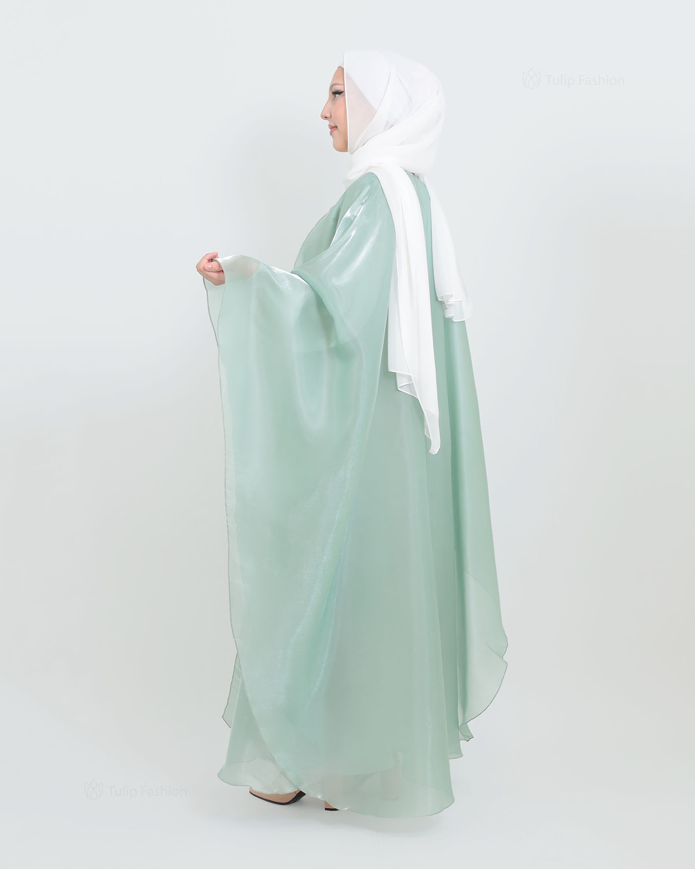 Abaya with Cape in Satin - Green - 4