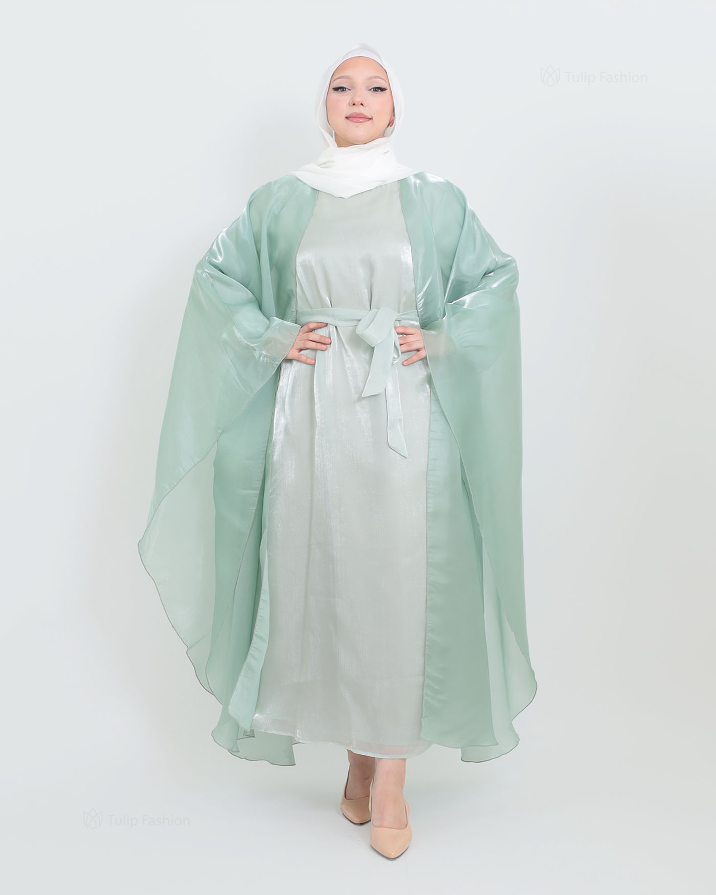 Abaya with Cape in Satin - Green - 5