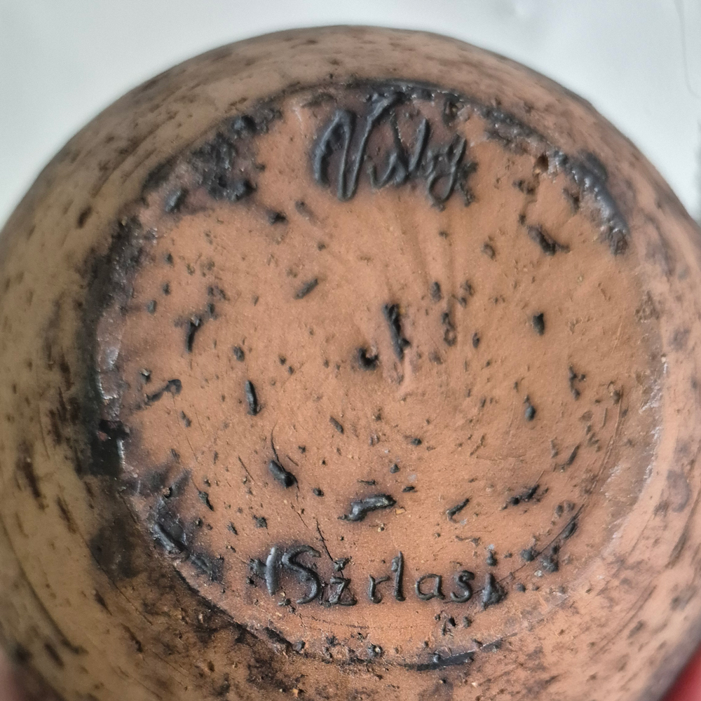 vintage VAS Szilasi Visby, brun skrovlig lera med blå glasyr, h 13 cm - 5