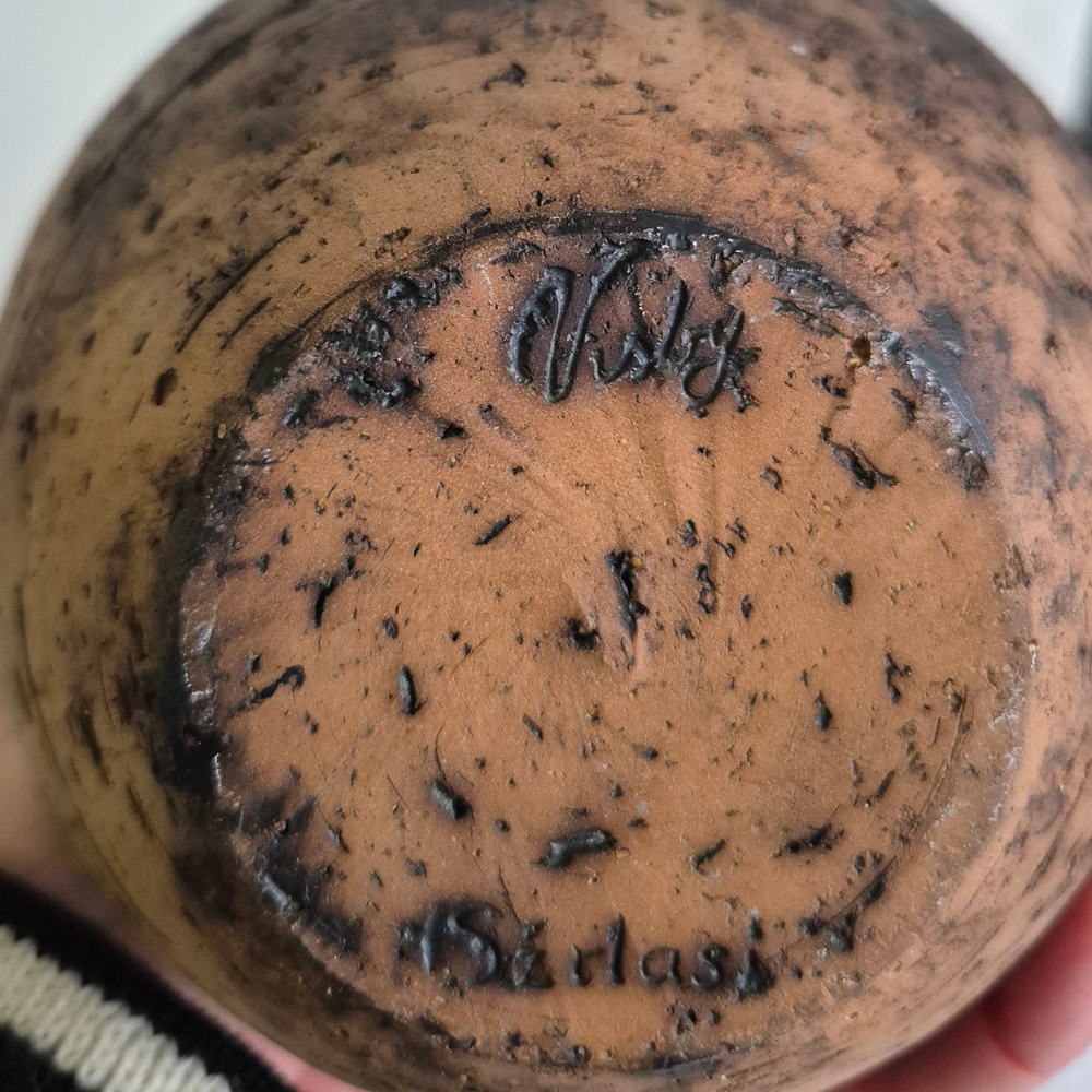 vintage VAS Szilasi Visby, brun skrovlig lera med blå glasyr, h 13 cm - 6