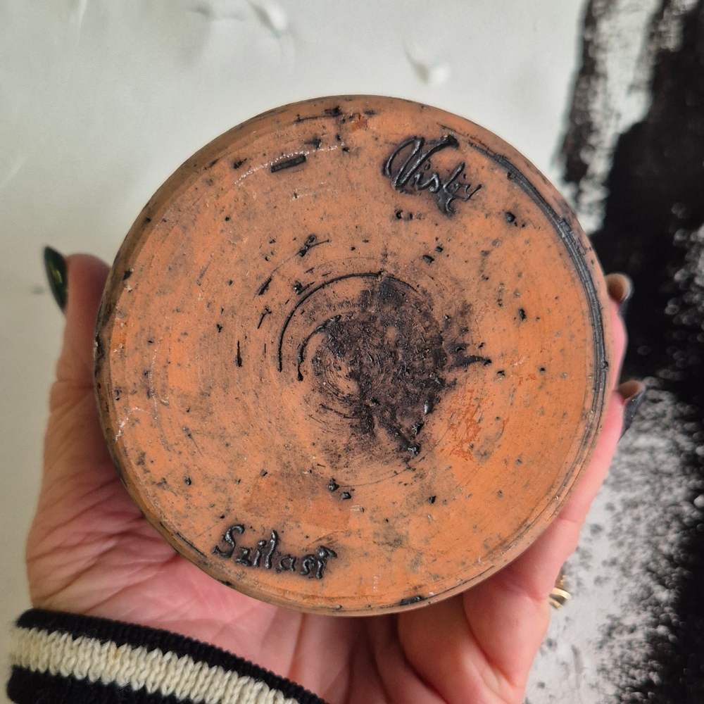 vintage VAS Szilasi Visby, brun skrovlig lera med blå glasyr, h 17,3 cm - 6