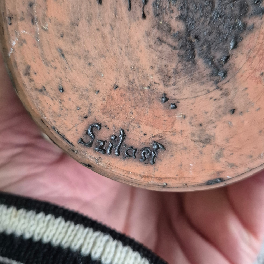vintage VAS Szilasi Visby, brun skrovlig lera med blå glasyr, h 17,3 cm - 7