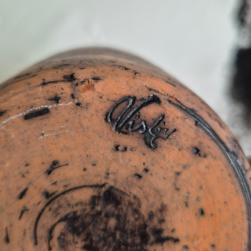 vintage VAS Szilasi Visby, brun skrovlig lera med blå glasyr, h 17,3 cm - 8