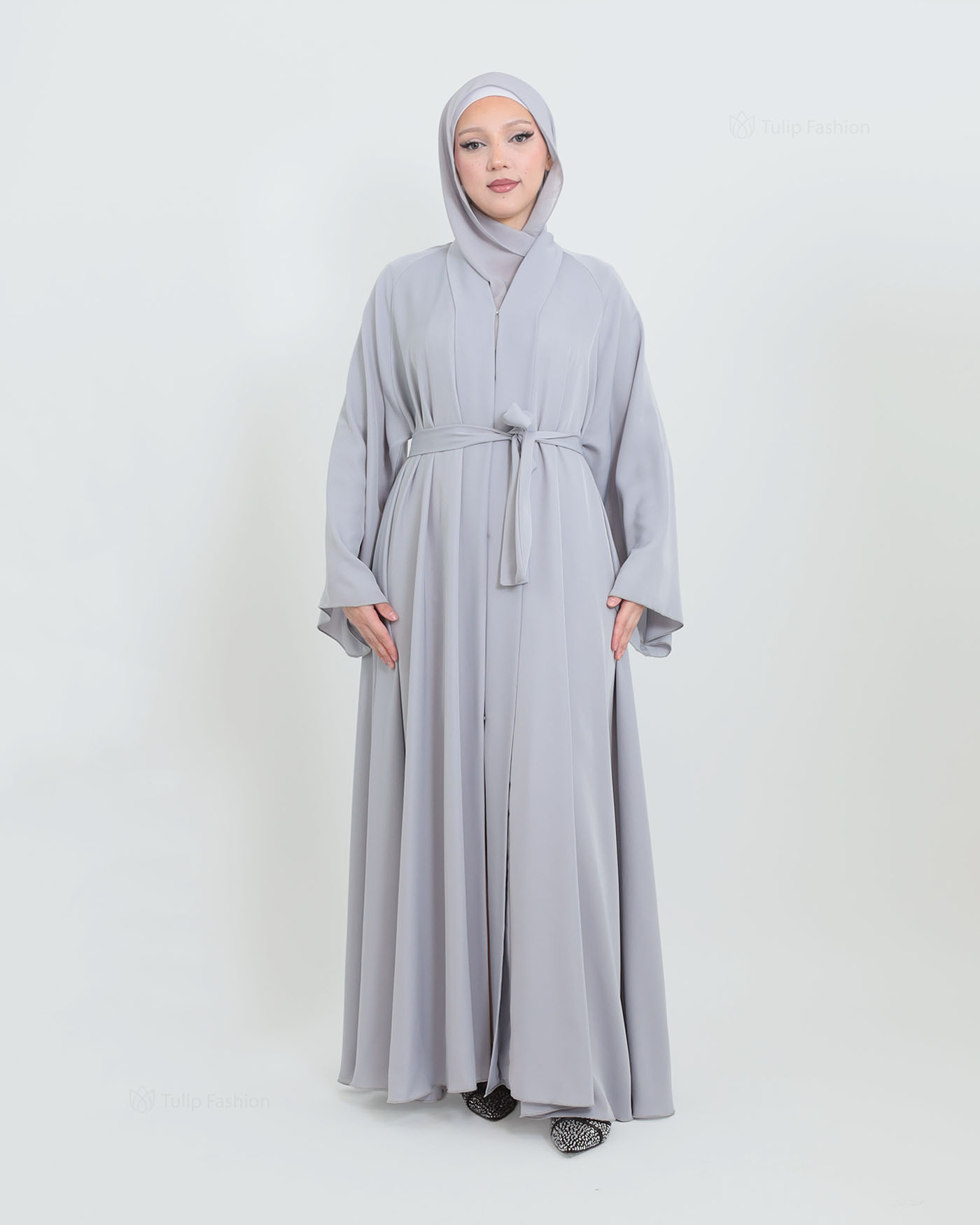 Butterfly Abaya with matching Hijab - Light Gray - 4