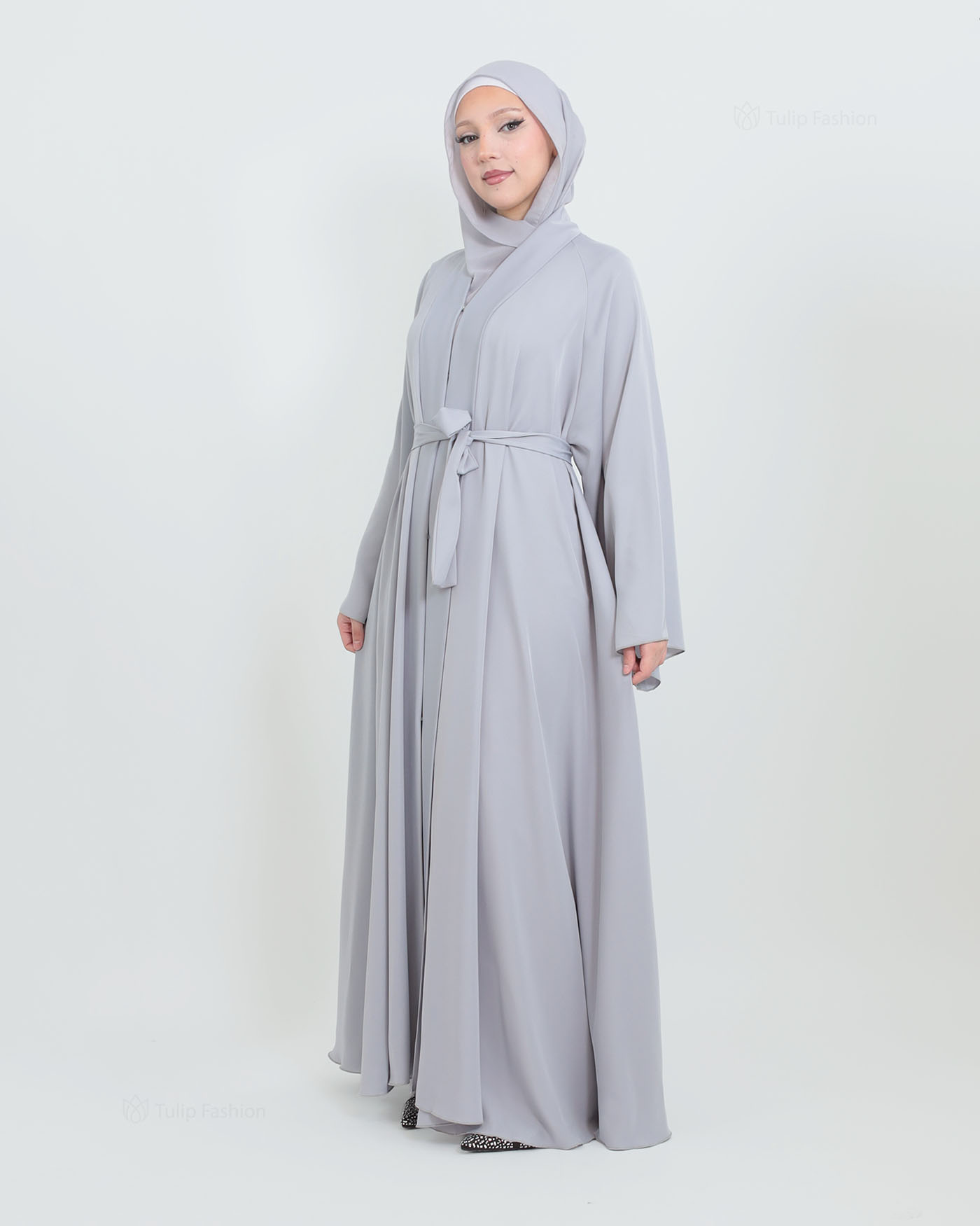 Butterfly Abaya with matching Hijab - Light Gray - 6