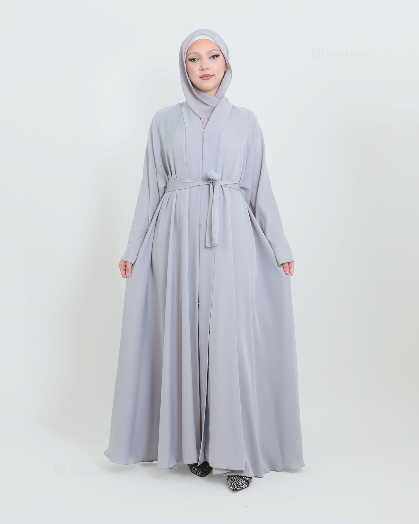 Butterfly Abaya with matching Hijab - Light Gray - 5