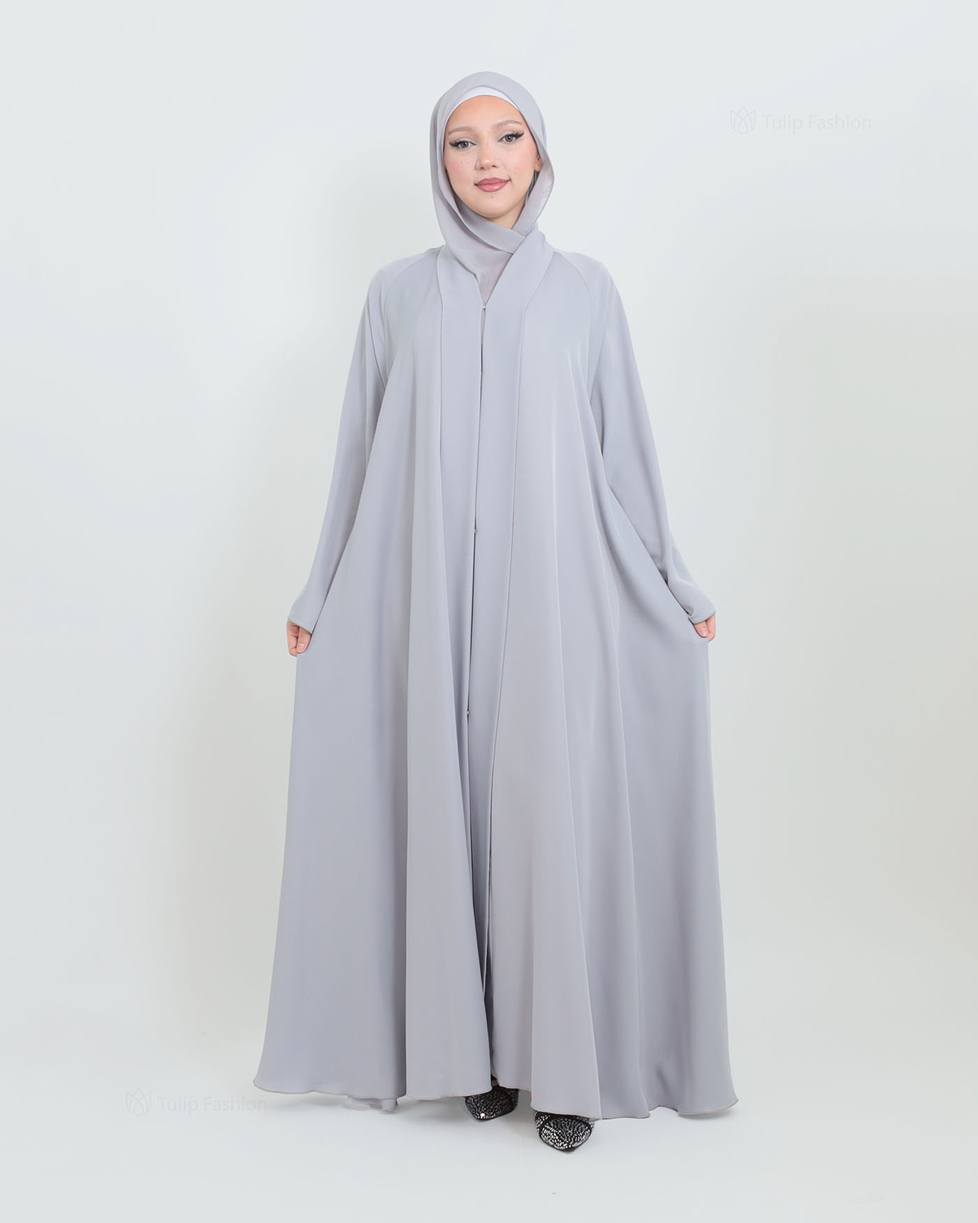 Butterfly Abaya with matching Hijab - Light Gray - 9