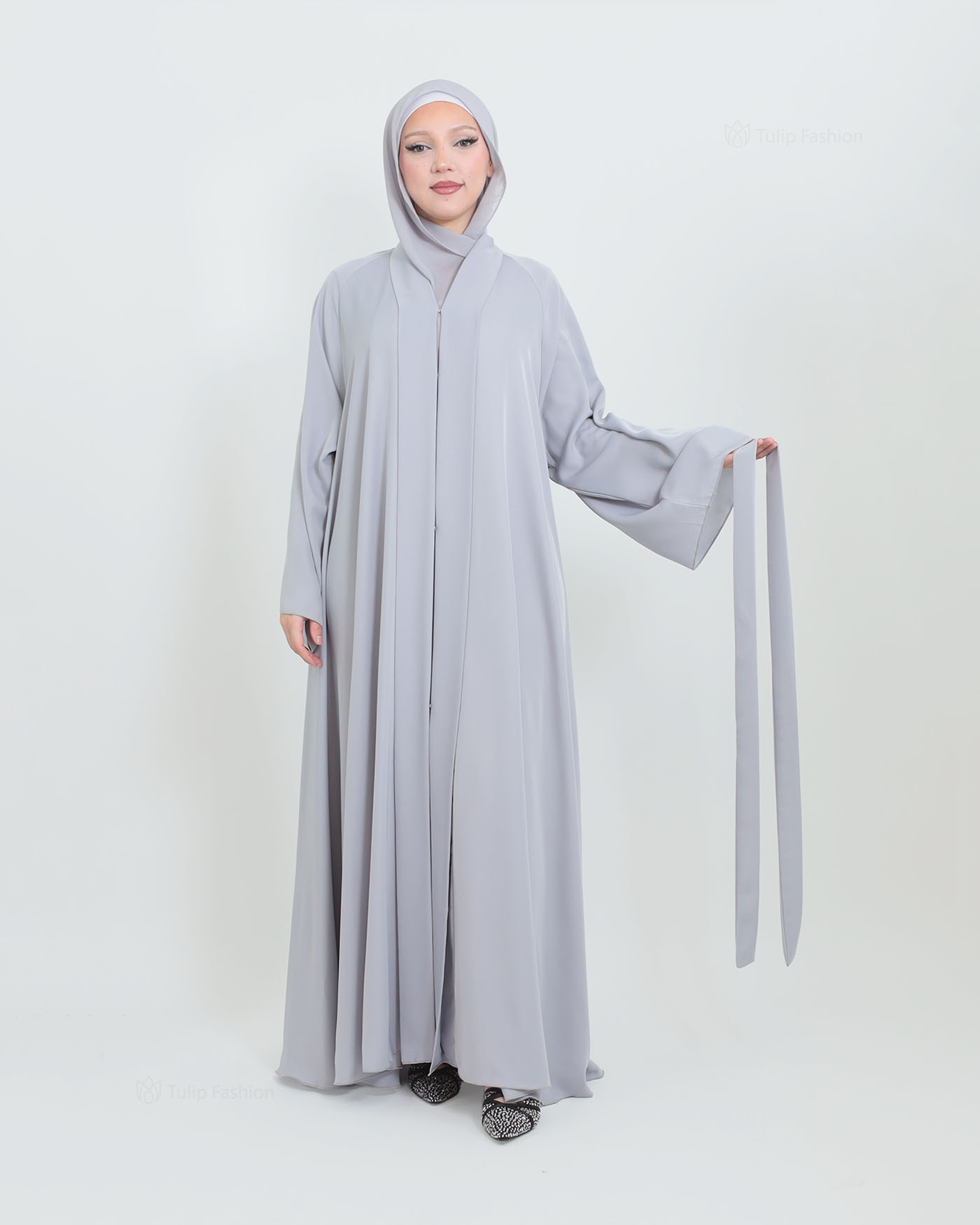 Butterfly Abaya with matching Hijab - Light Gray - 3