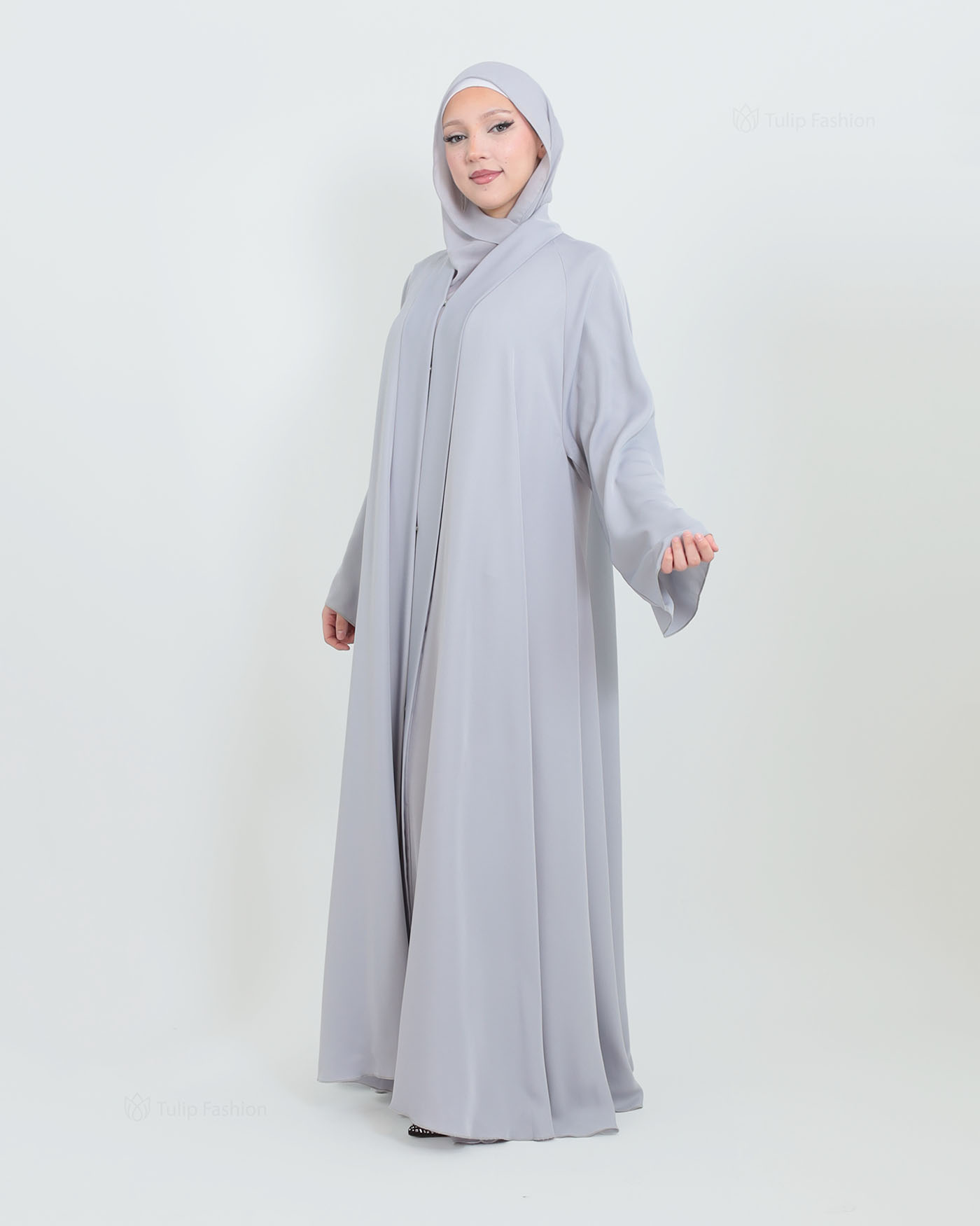 Butterfly Abaya with matching Hijab - Light Gray - 2