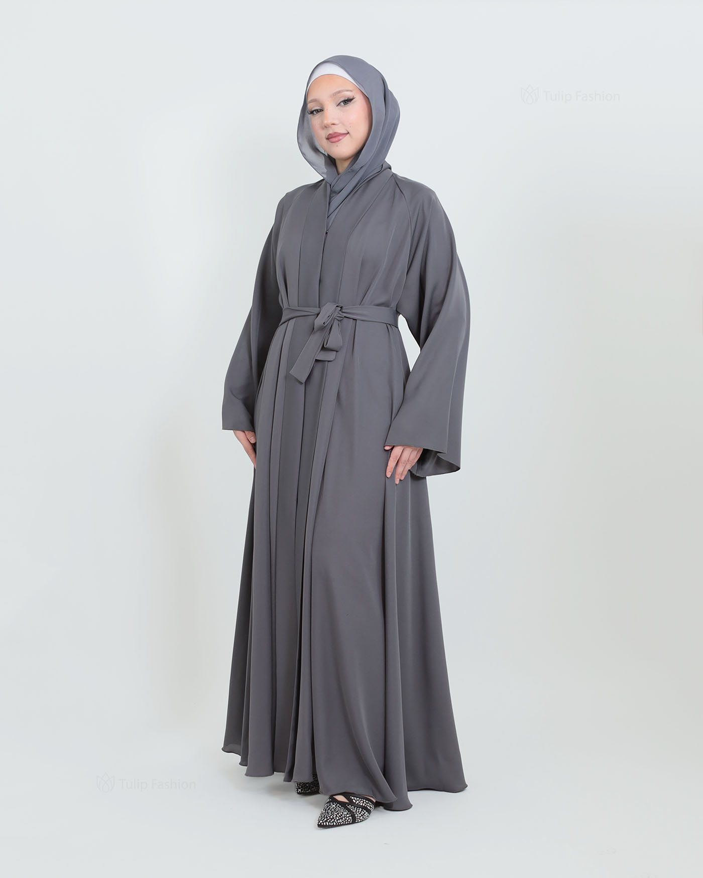 Butterfly Abaya with matching Hijab - Dark Gray - 8