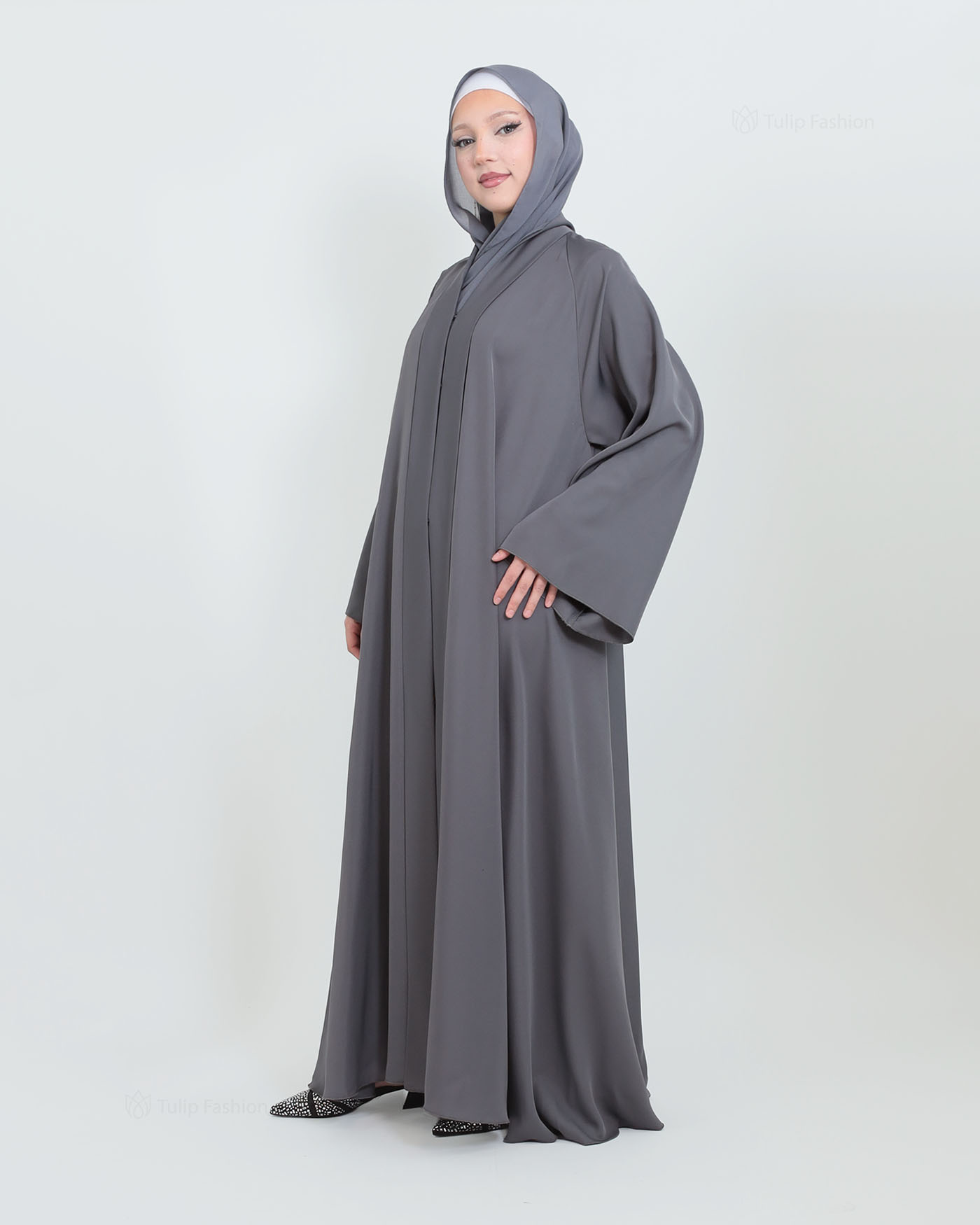 Butterfly Abaya with matching Hijab - Dark Gray - 3