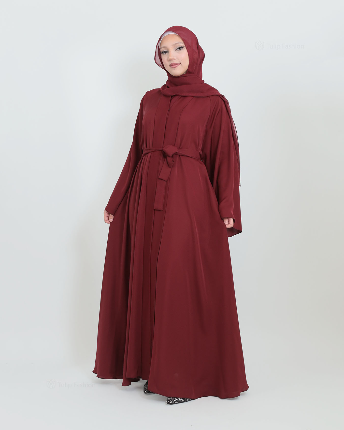 Butterfly Abaya with matching Hijab - Maroon - 11