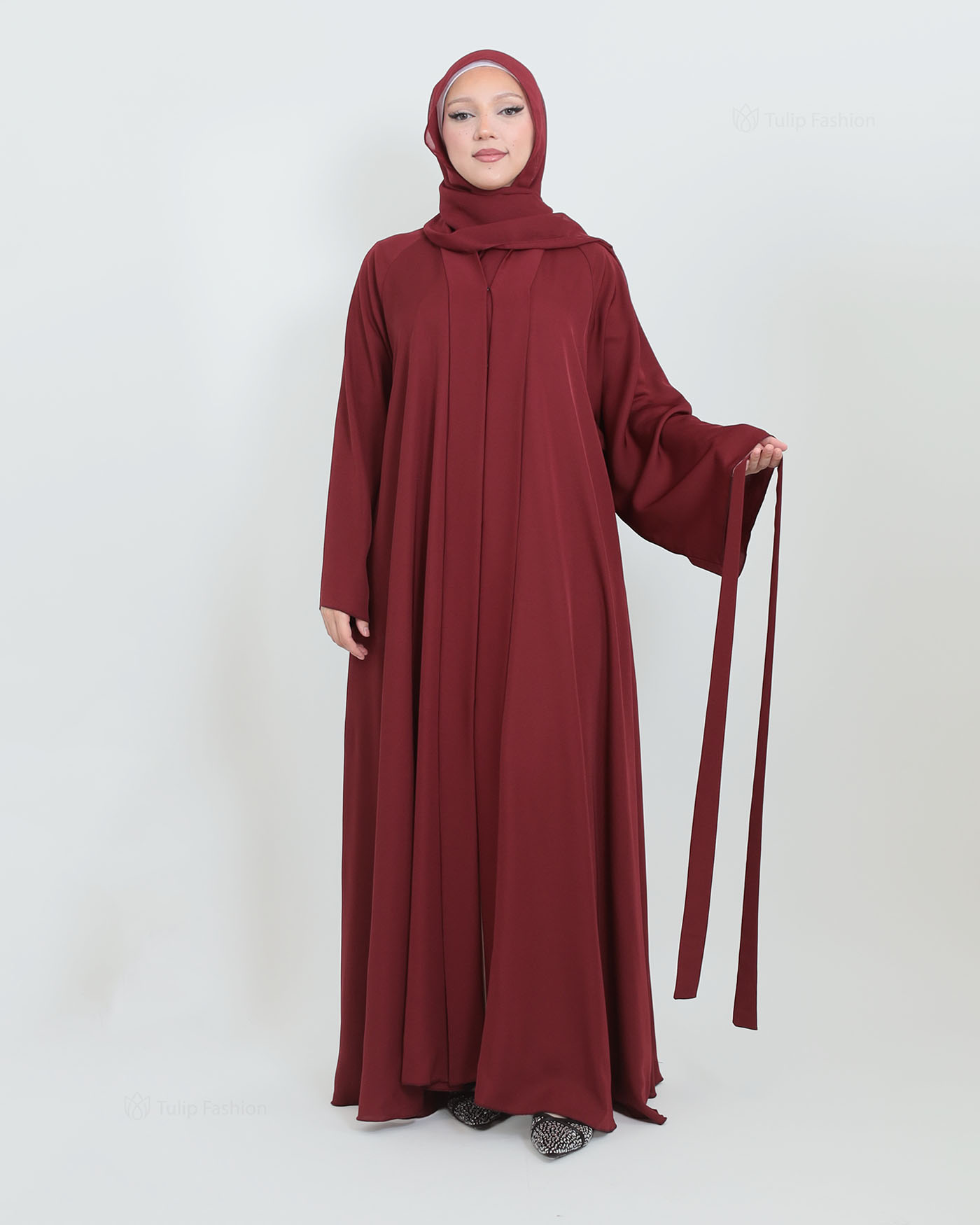 Butterfly Abaya with matching Hijab - Maroon - 8