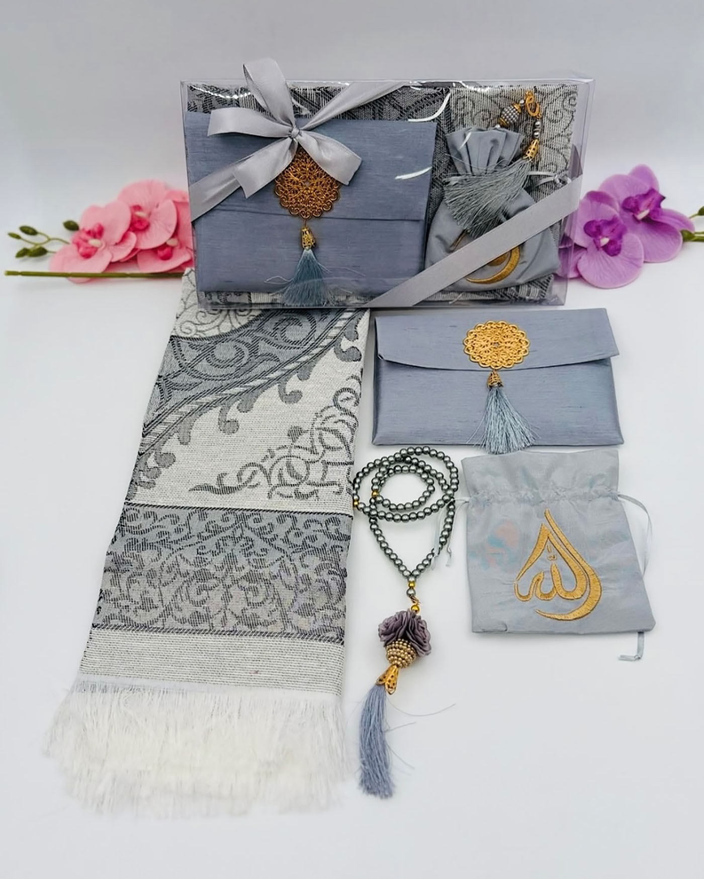 Gift set with prayer rug and rosary Misbaha - Gray