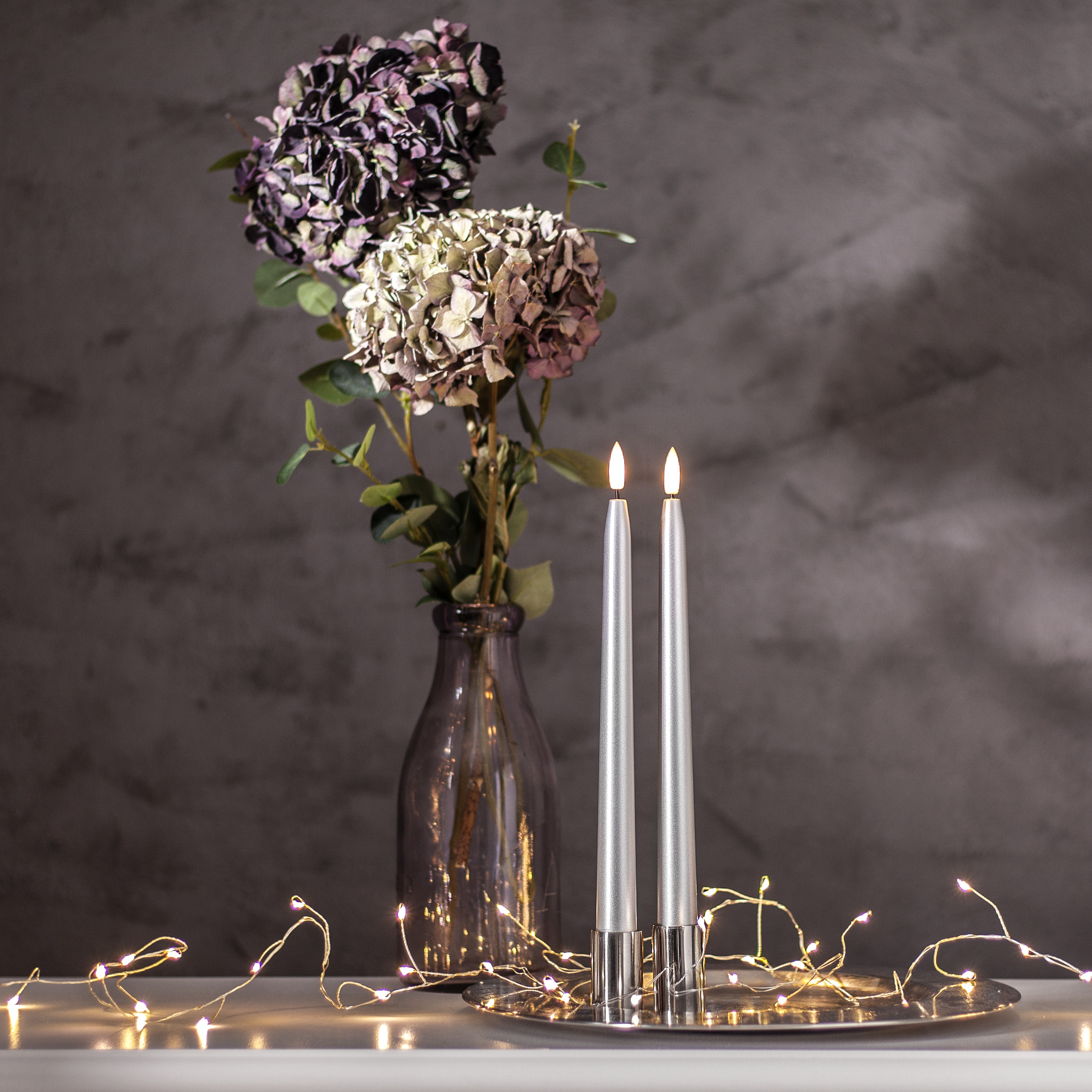 LED Antique Candles - Battery-powered Candles - Crown Candles - 28.5 cm - 2-pack - Silver Metallic