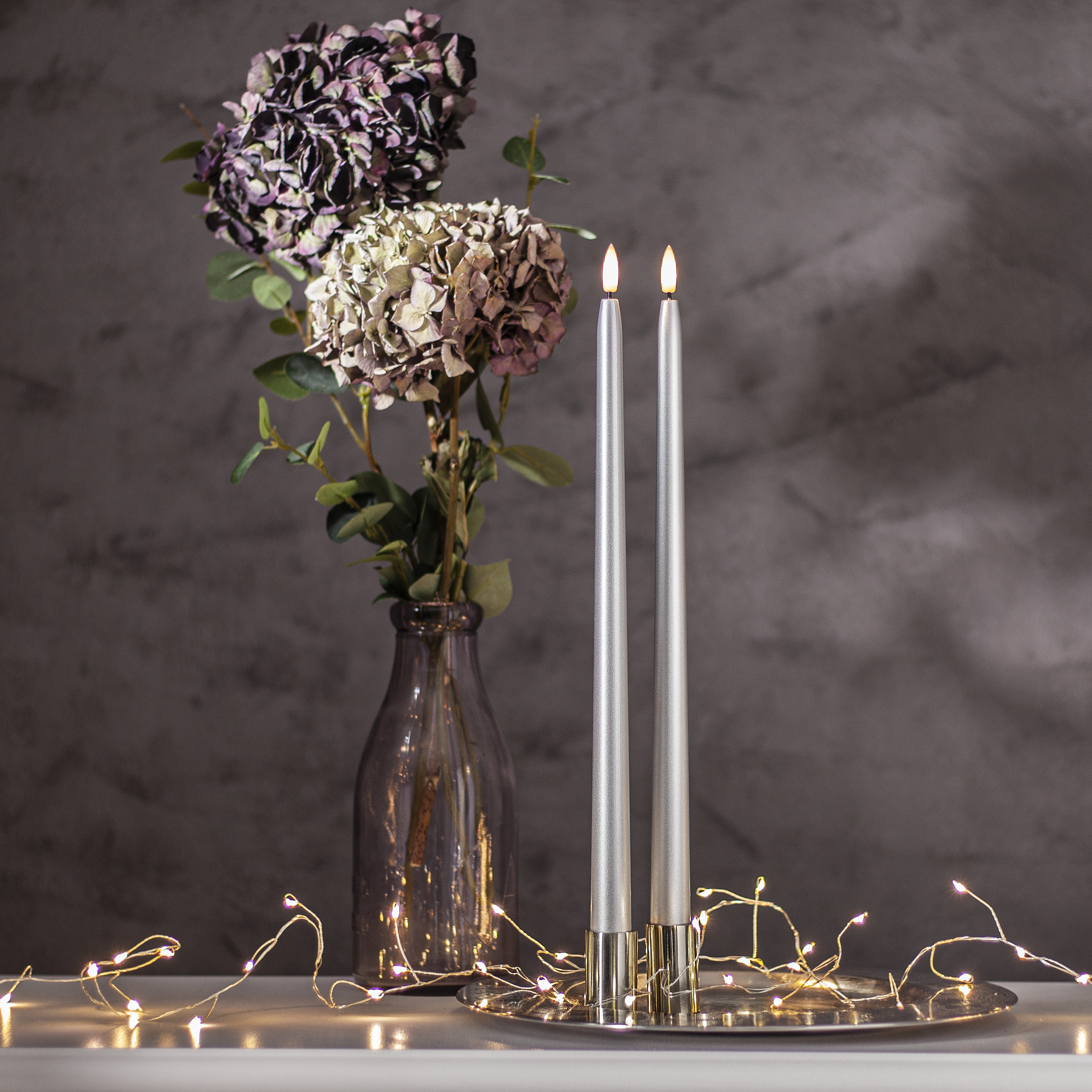 LED Antique Candles - Battery-powered Candles - Crown Candles - 39 cm - 2-pack - Silver Metallic