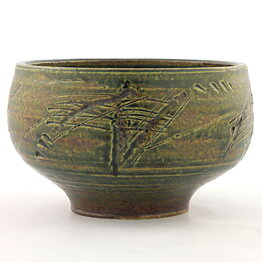 Lisa Larson (1960s) Unique Green Bowl with Incised Decor 17/10cm