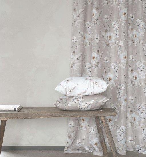 1 par Gardinlängder linbeige vita blomster shabby chic lantlig stil