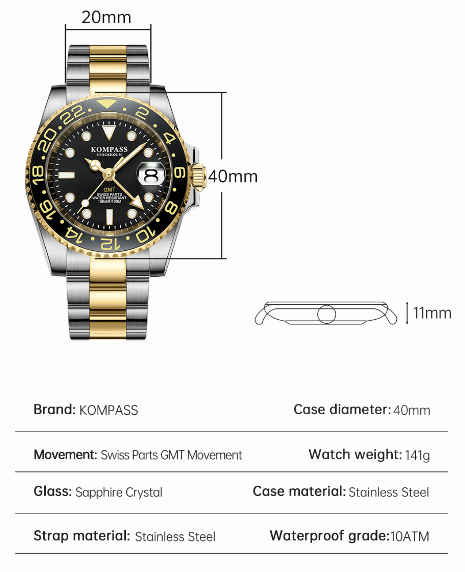 Kompass GMT-Professional Sapphire Steel Rose Black Brown - 13