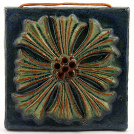 Willi Fischer (1960s) Quadratic Wall Plaque with Blue/Green Flower Relief 19 cm