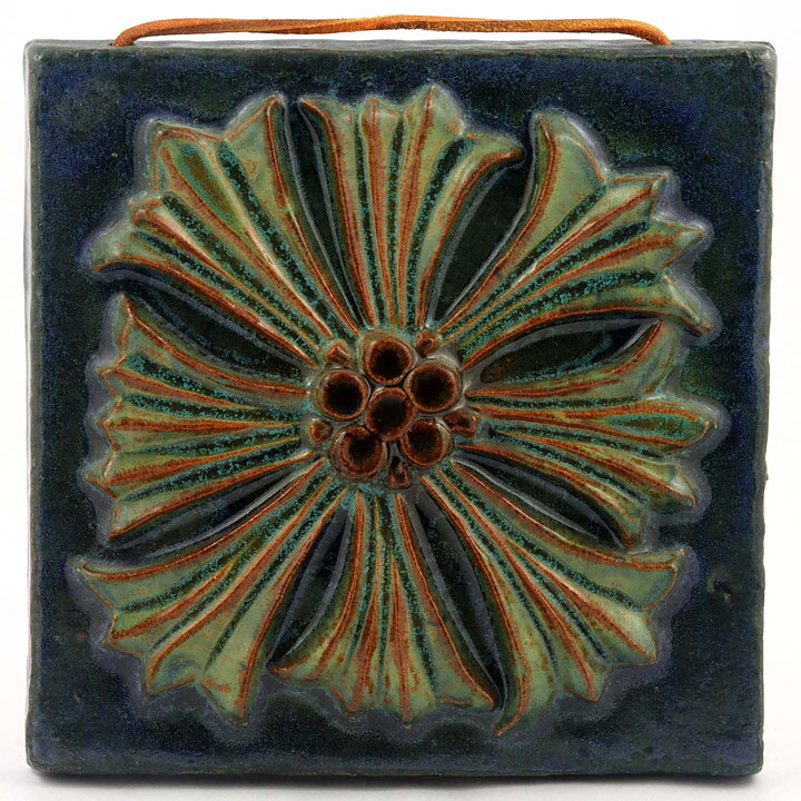 ウィリー・フィッシャー  青/緑色の花  陶板  19cm  1960年代